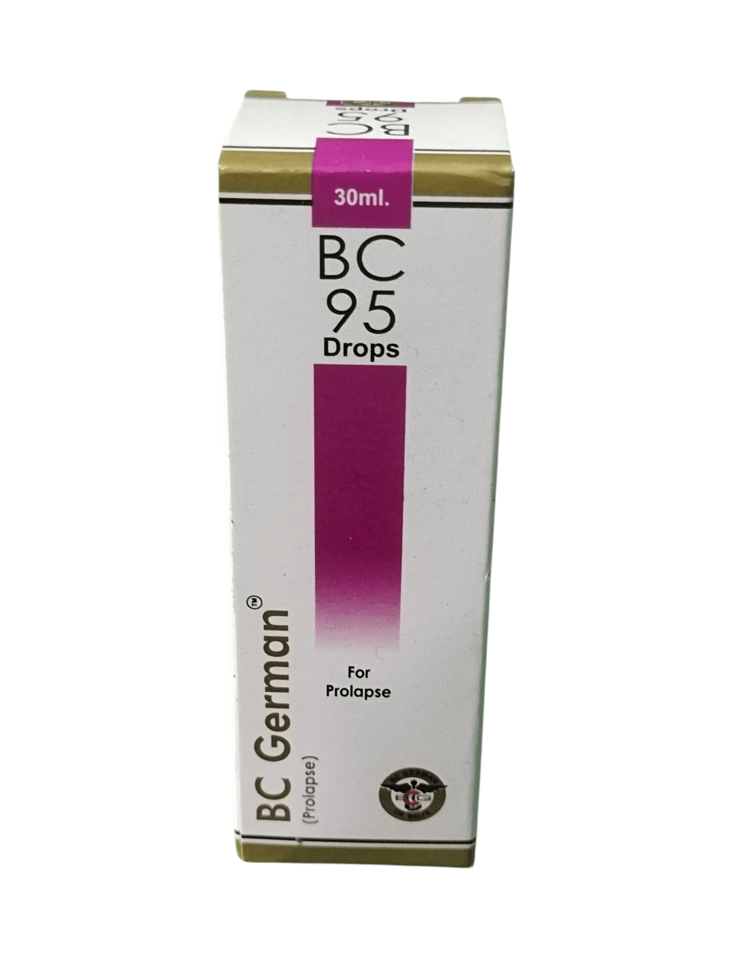 BC GERMAN 95 PROLAPSE DROPS HOMEOPATHIC MEDICINE 30ML packaging for organ prolapse relief.