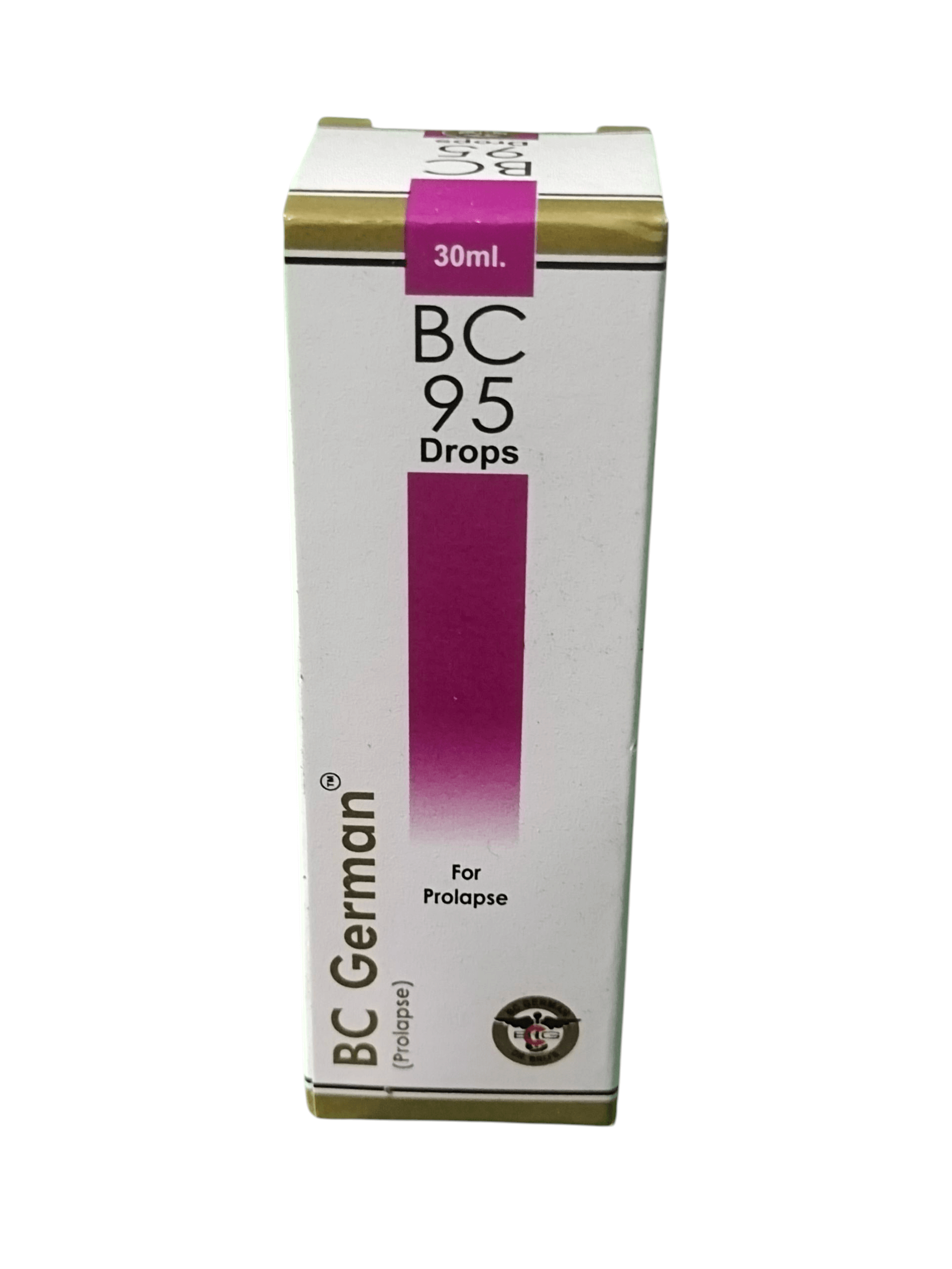 BC GERMAN 95 PROLAPSE DROPS HOMEOPATHIC MEDICINE 30ML packaging for organ prolapse relief.