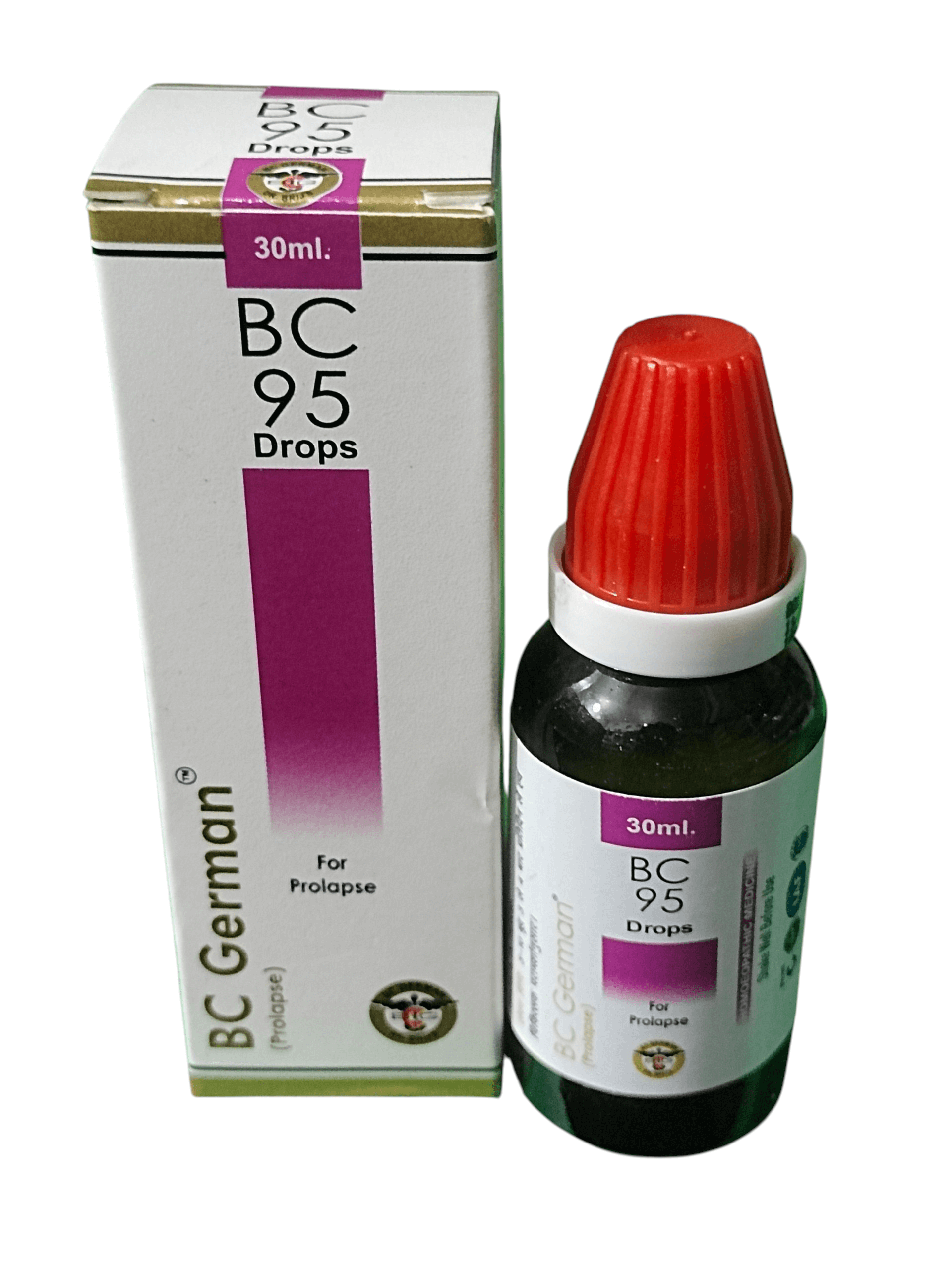 BC GERMAN 95 PROLAPSE DROPS HOMEOPATHIC MEDICINE 30ML bottle and packaging.