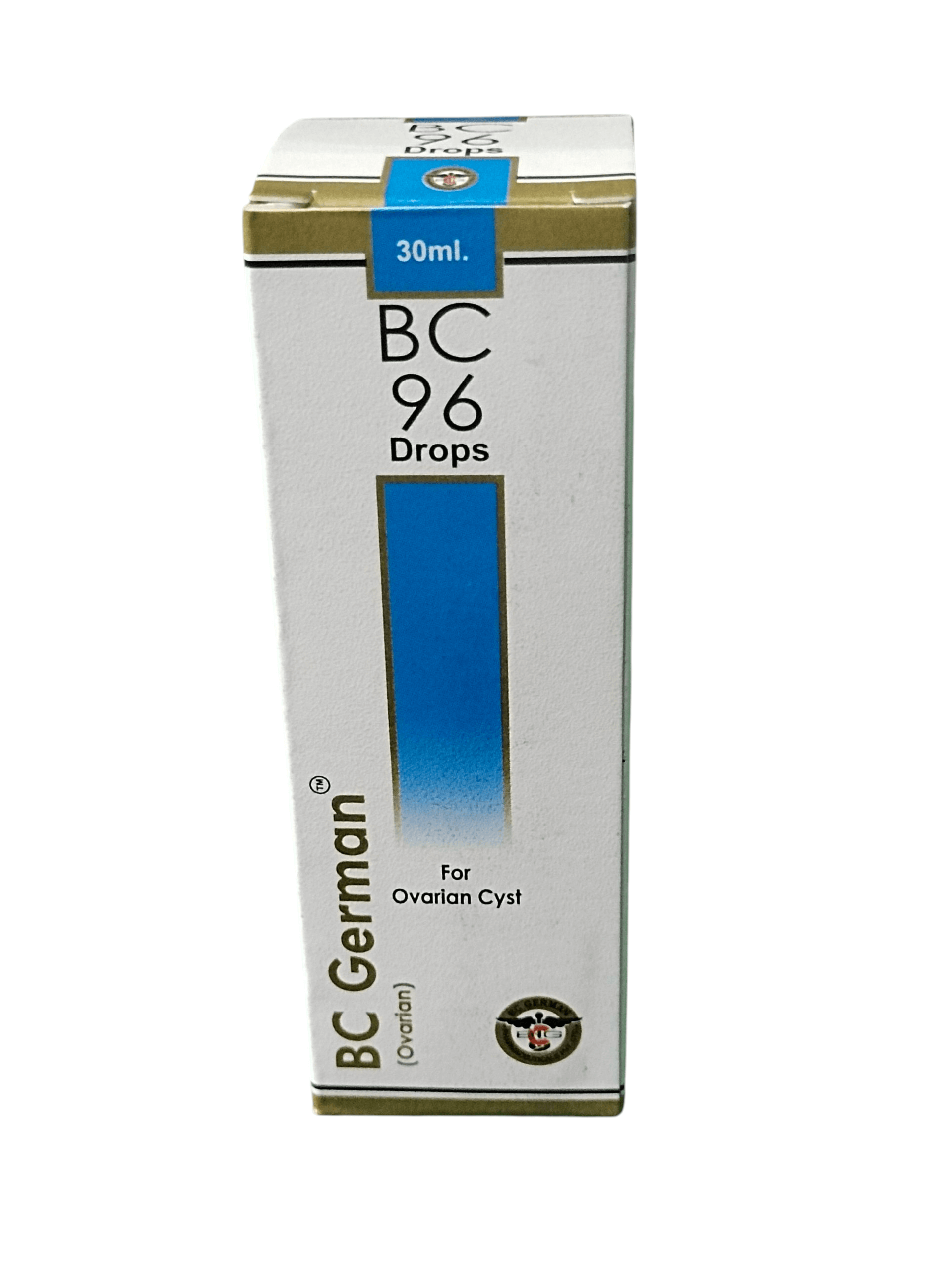 BC GERMAN 96 OVARIN CYST DROPS HOMEOPATHIC MEDICINE 30ML packaging showing product details and uses.