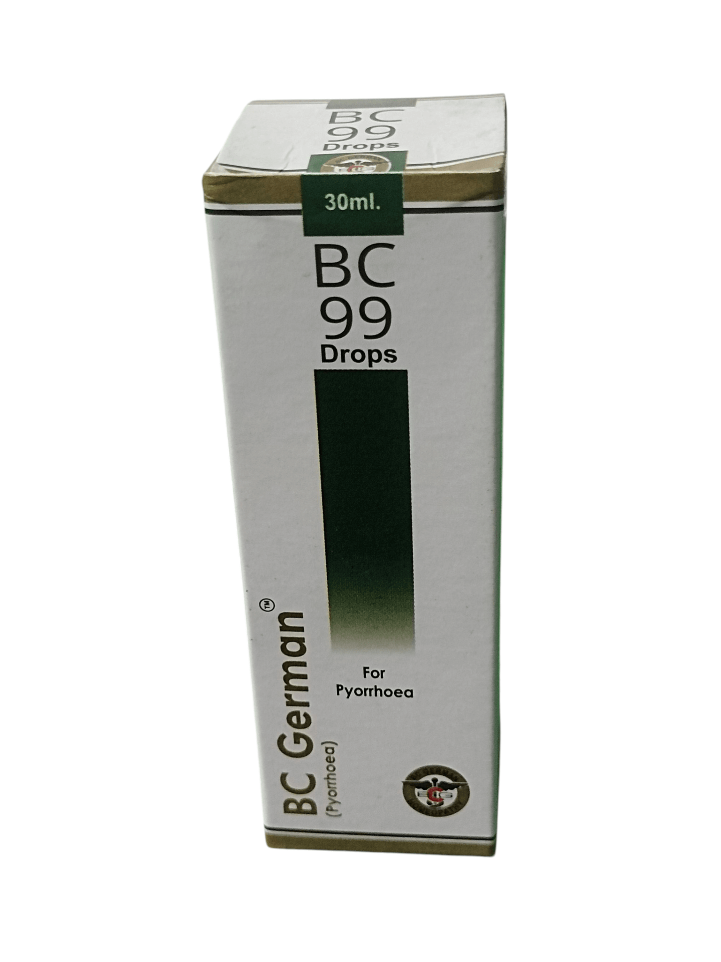 BC GERMAN 99 PYORRHOEA DROPS HOMEOPATHIC MEDICINE 30ML packaging with product details.