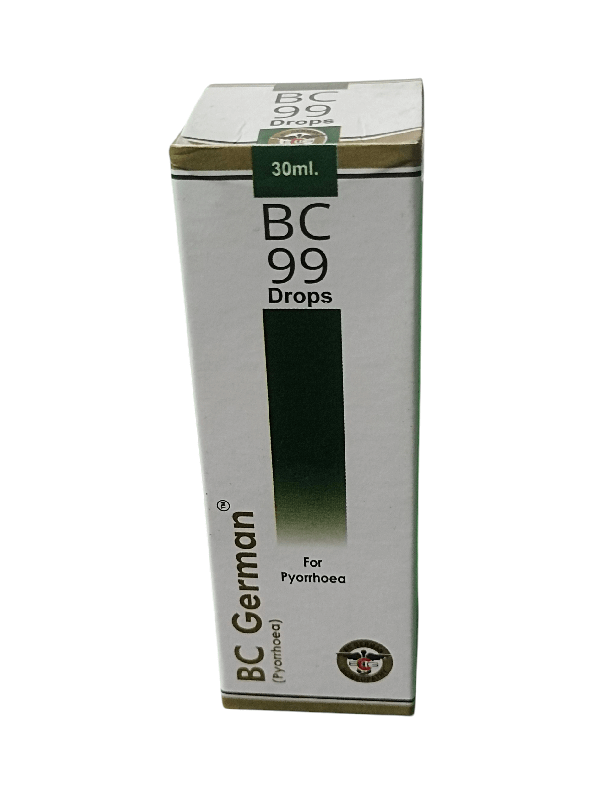 BC GERMAN 99 PYORRHOEA DROPS HOMEOPATHIC MEDICINE 30ML packaging with product details.