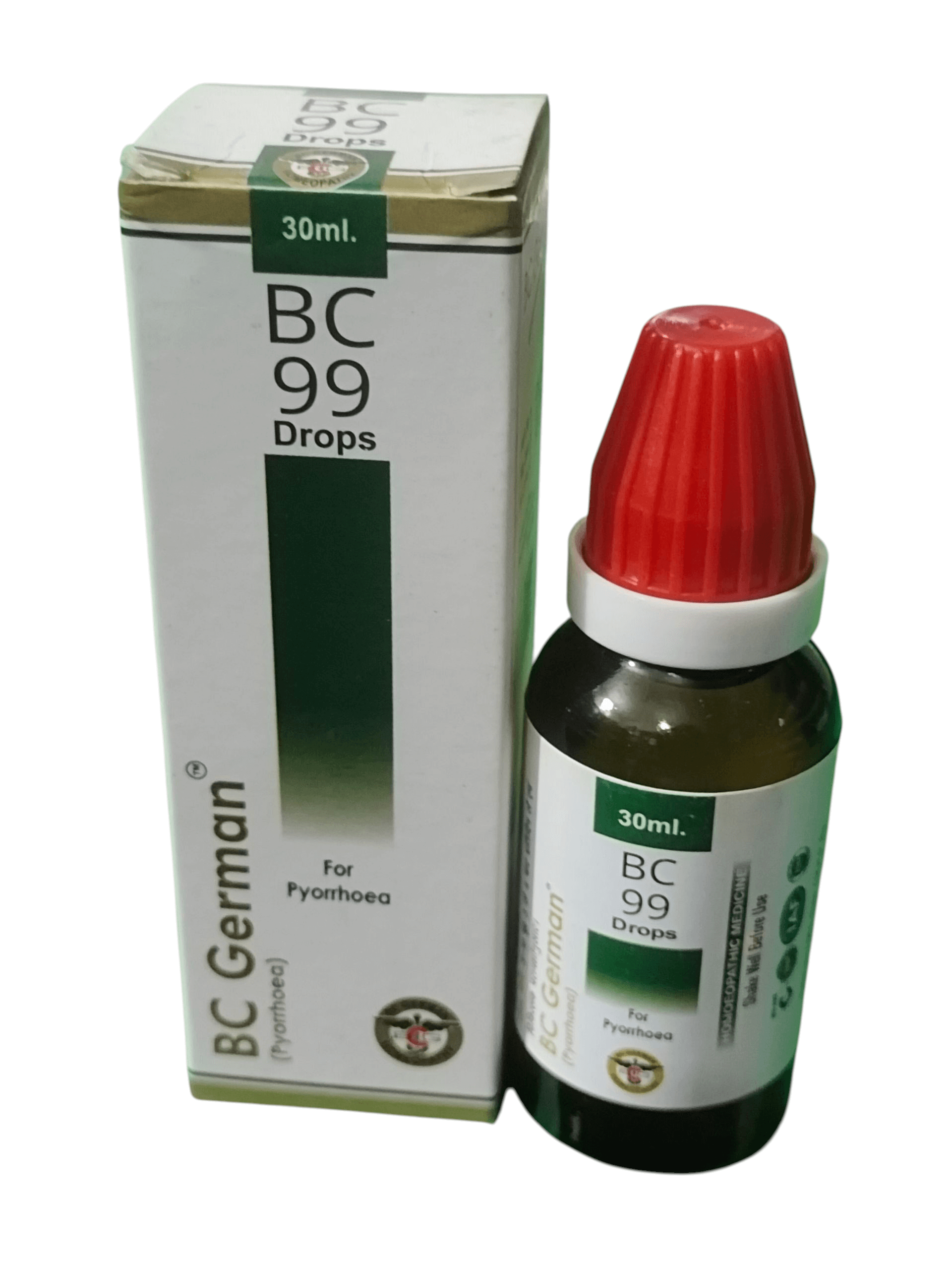 BC GERMAN 99 PYORRHOEA DROPS HOMEOPATHIC MEDICINE 30ML with packaging and dropper bottle