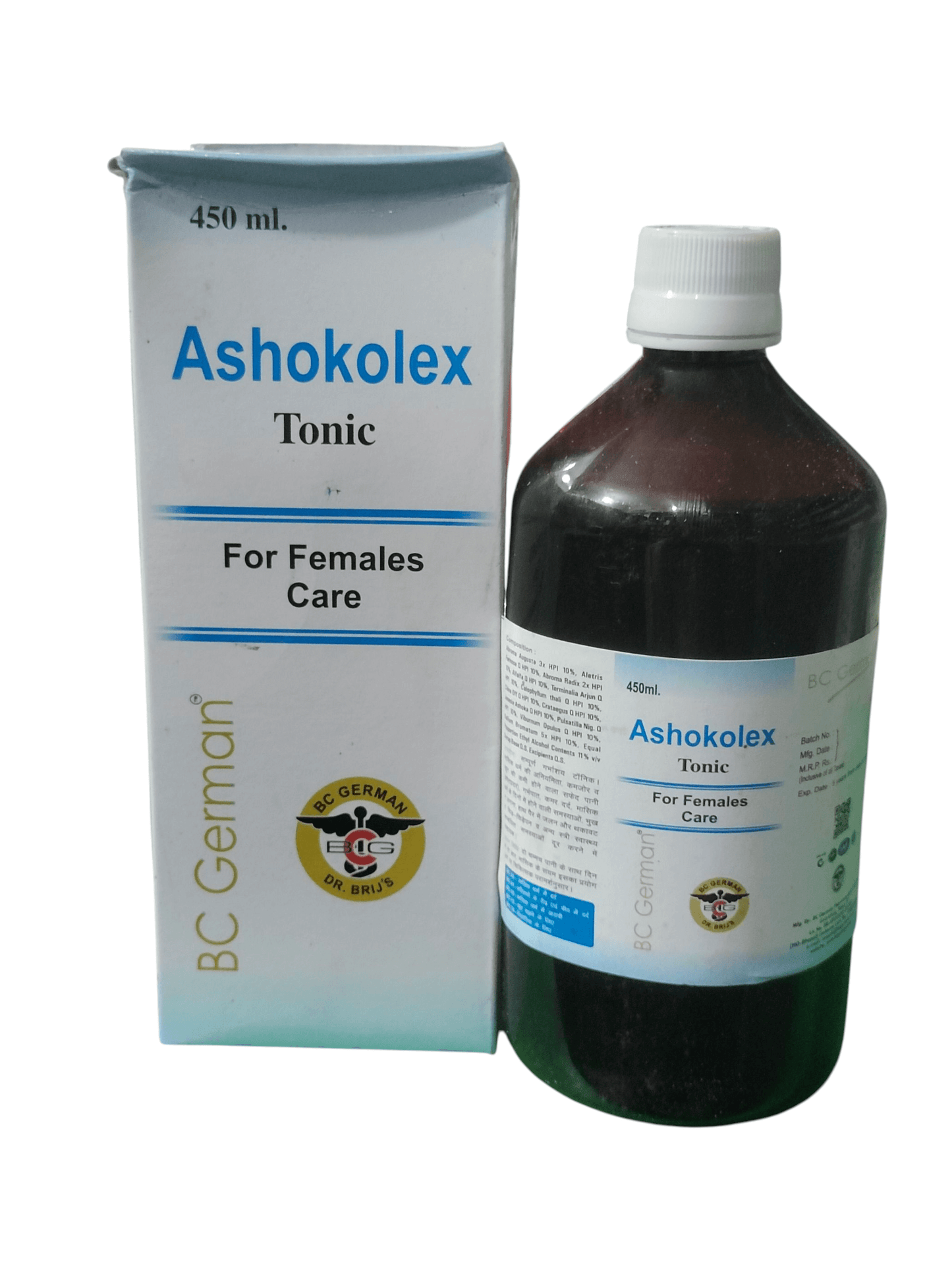 BC GERMAN ASHOKOLEX TONIC HOMEOPATHIC MEDICINE 450ML FOR FEMALES CARE bottle and packaging