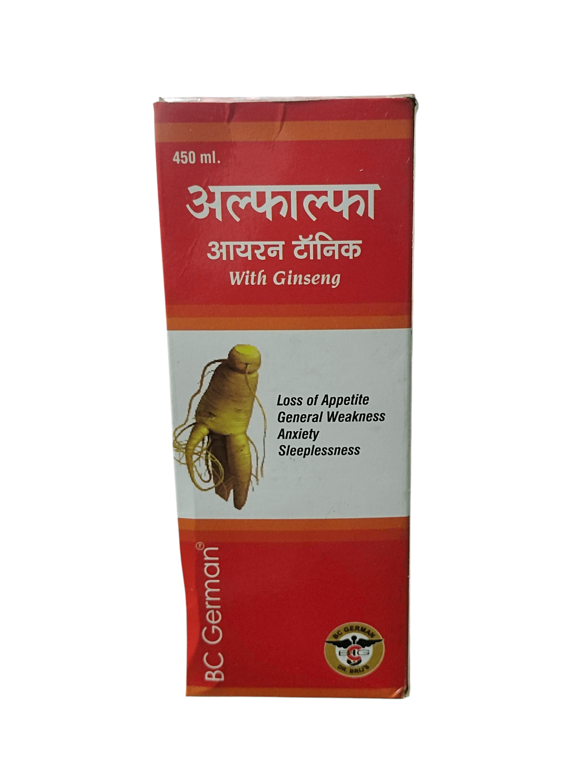 BC GERMAN ALFALFA IRON TONIC WITH GINSENG HOMEOPATHIC MEDICINE 450ML packaging with health benefits.