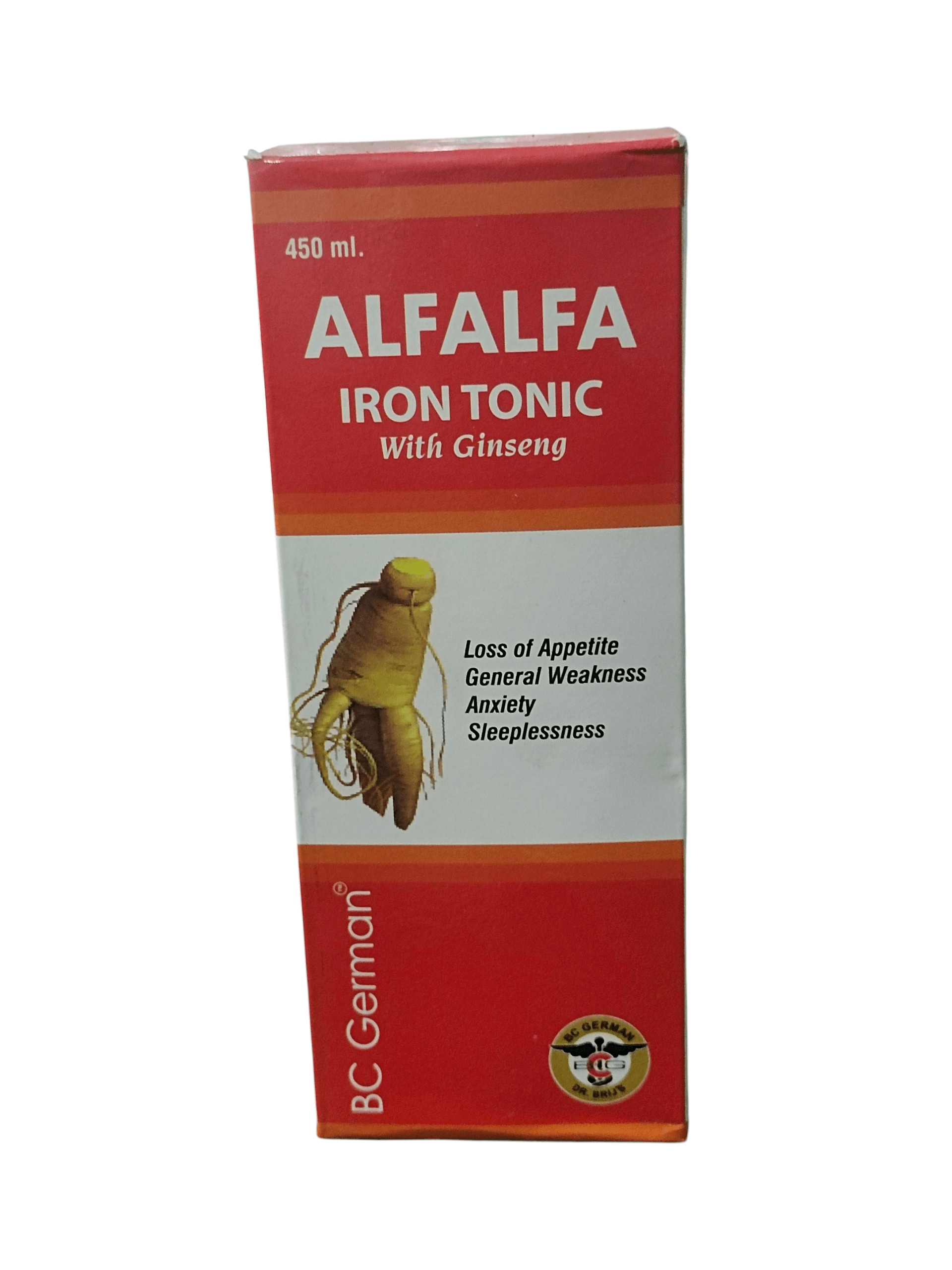 BC GERMAN ALFALFA IRON TONIC WITH GINSENG HOMEOPATHIC MEDICINE 450ML packaging image