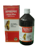 BC GERMAN ALFALFA IRON TONIC WITH GINSENG HOMEOPATHIC MEDICINE 450ML product packaging and bottle image.