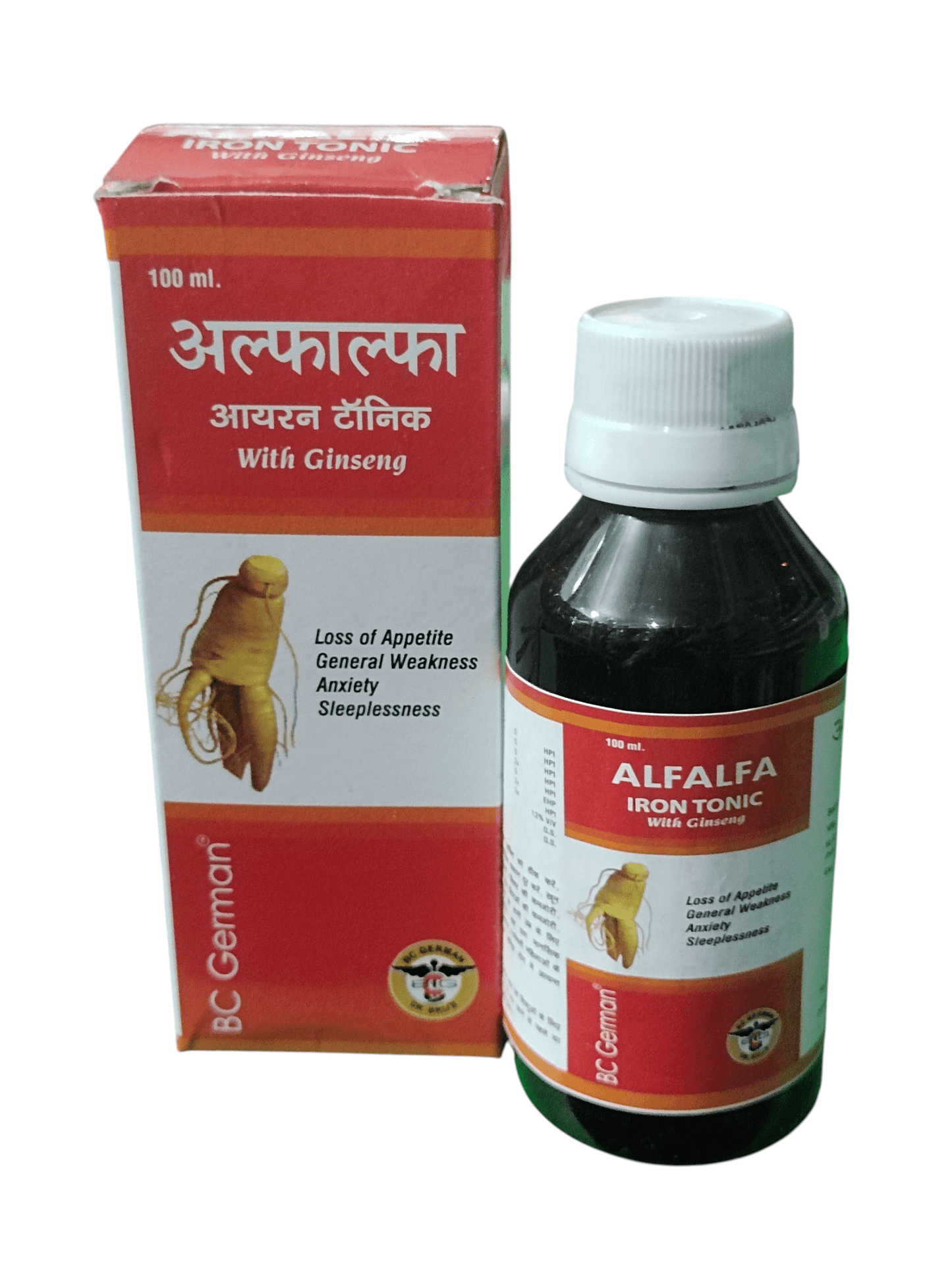 BC GERMAN ALFALFA IRON TONIC WITH GINSENG HOMEOPATHIC MEDICINE 450ML bottle and packaging