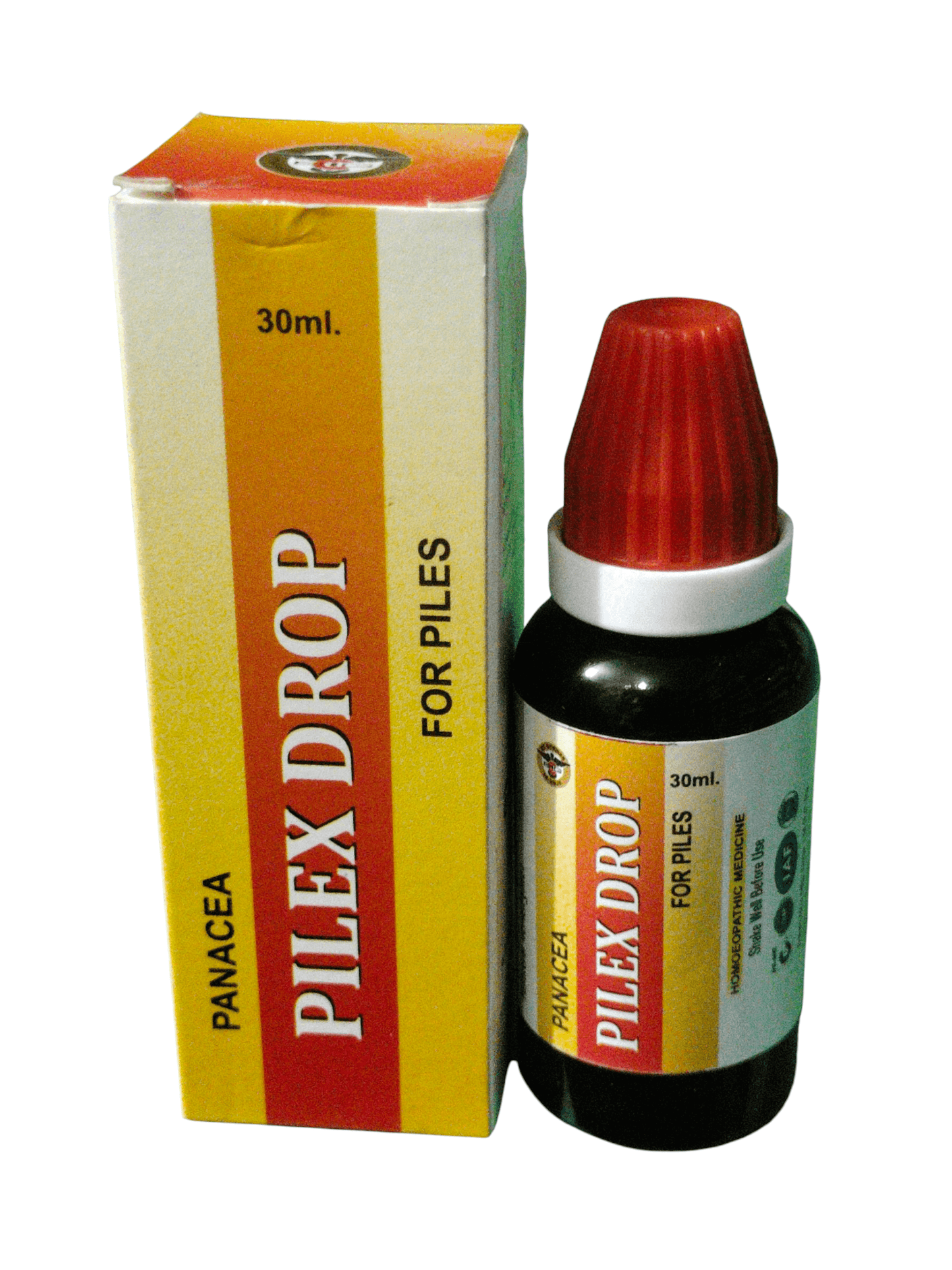 BC GERMAN PANACEA PILEX DROP HOMEOPATHIC MEDICINE 30ML (PACK OF 2) product image with box and bottle.