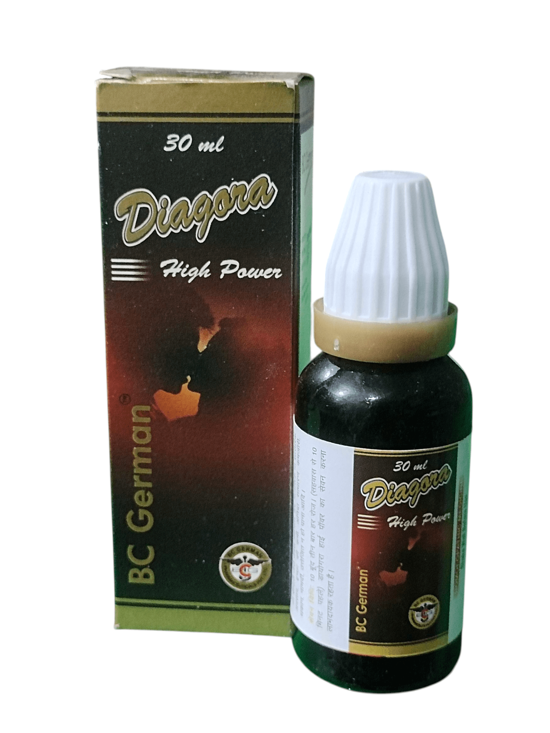 BC GERMAN DIAGORA HIGH POWER 30ML HOMEOPATHIC MEDICINE bottle and packaging.