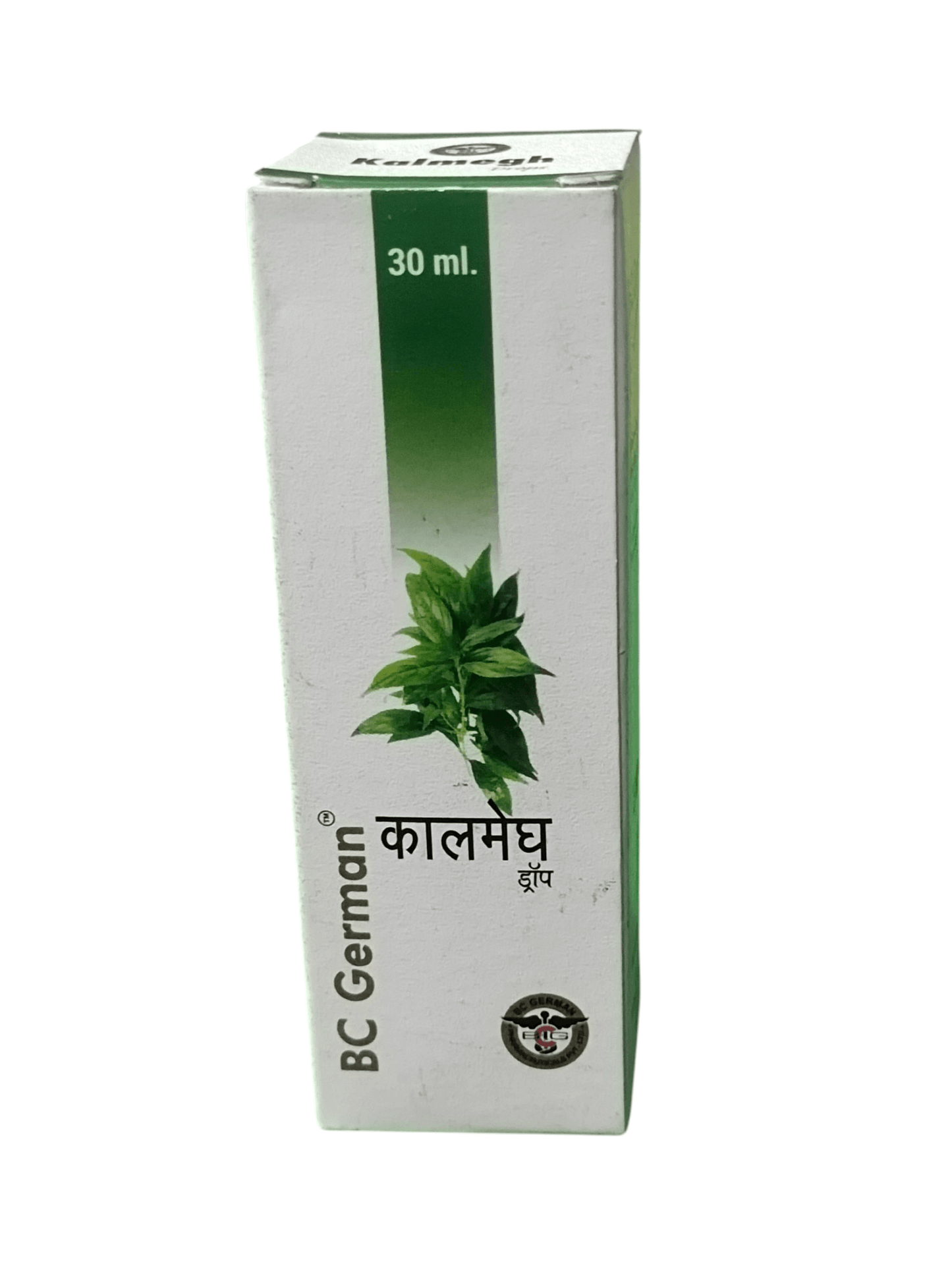 BC GERMAN KALMEGH DROP HOMEOPATHIC MEDICINE 30ML packaging with green design and herbal illustration.