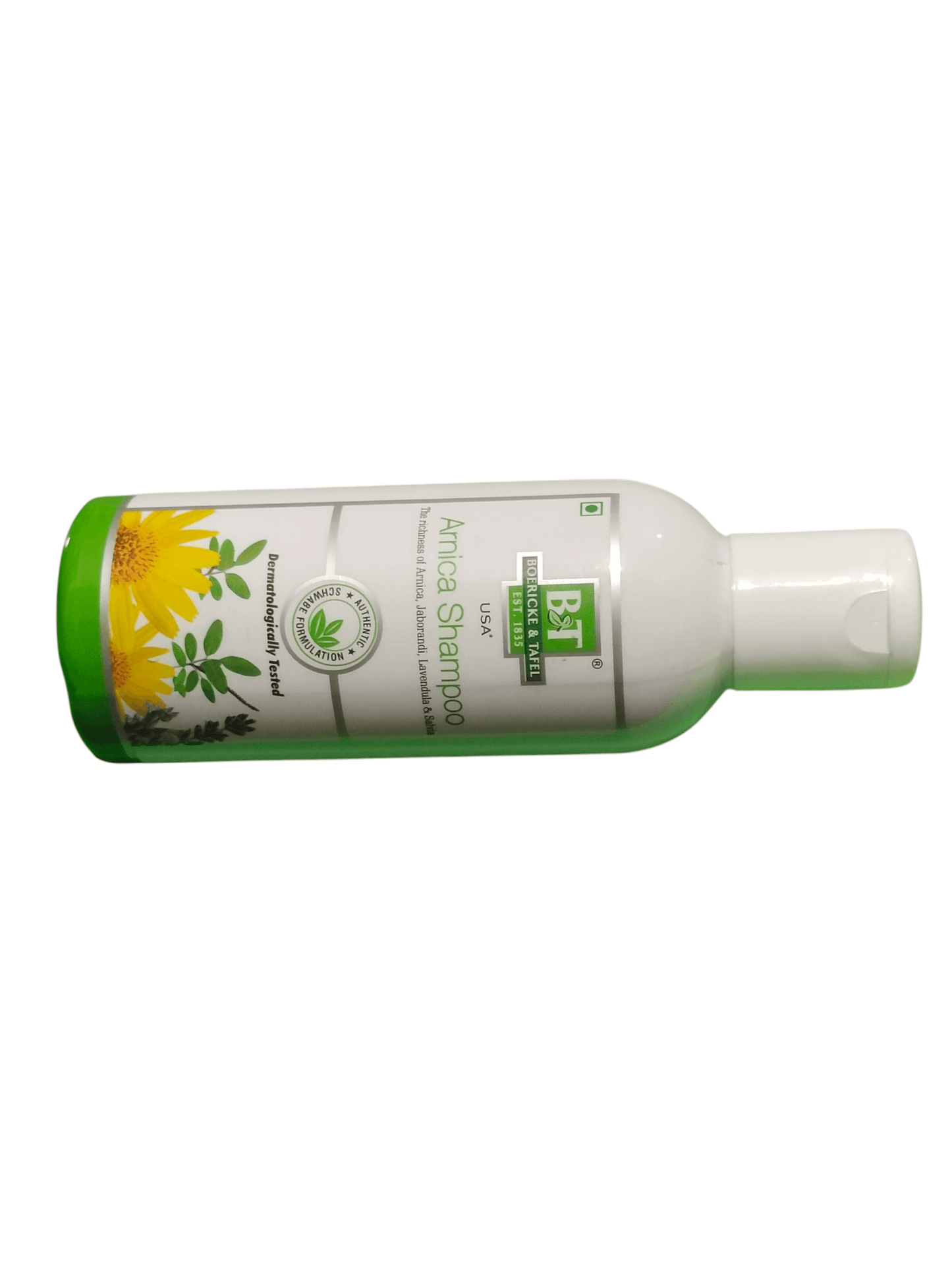 BT BOERICKE & TAFEL ARNICA SHAMPOO 200ML bottle with herbal design and green cap