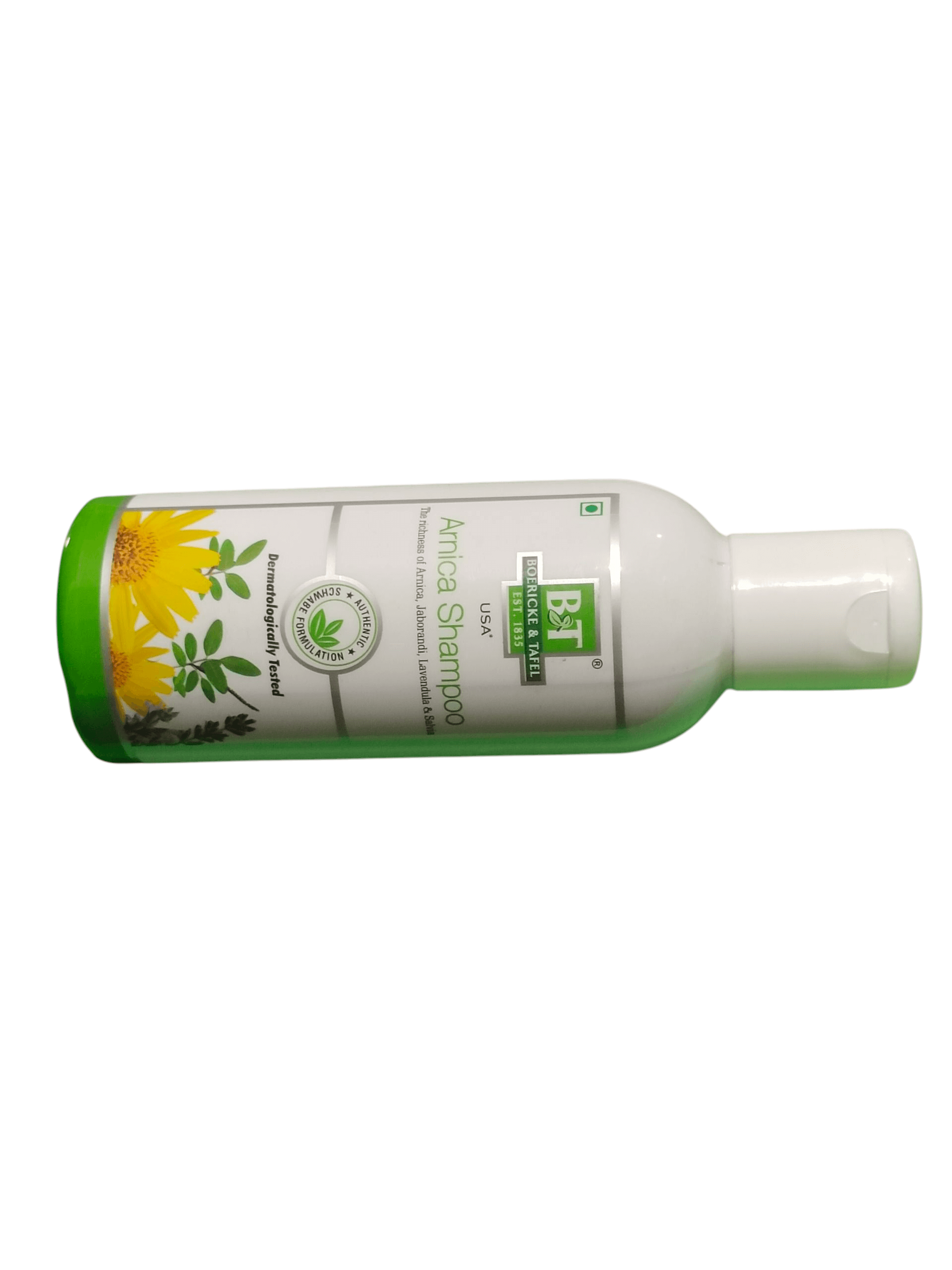 BT BOERICKE & TAFEL ARNICA SHAMPOO 200ML bottle with herbal design and green cap