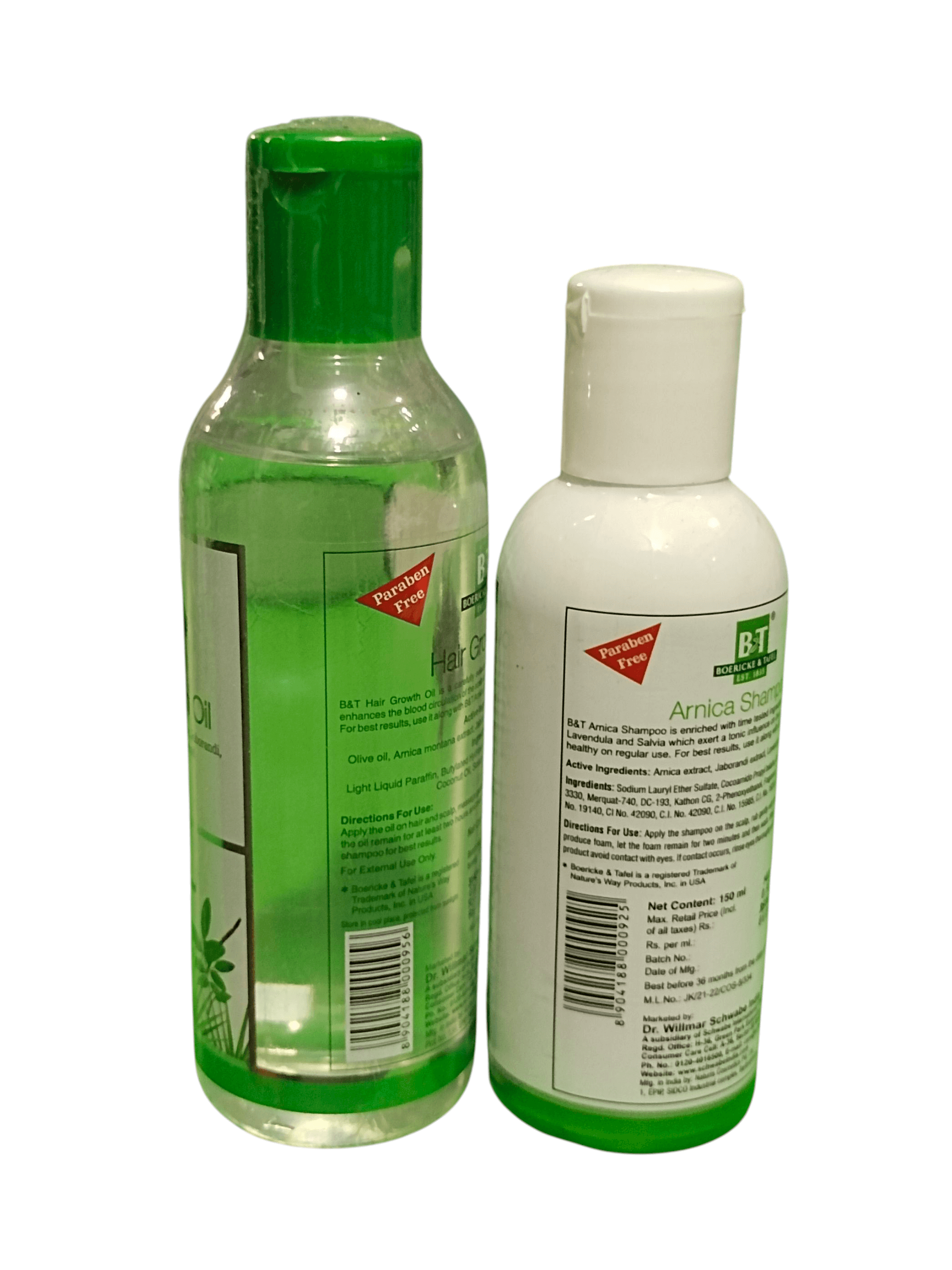 B&T ARNICA SHAMPOO 150ML AND B&T HAIR GROWTH OIL 150ML (PACK OF 2) HOMEOPATHIC MEDICINE bottles displayed together.