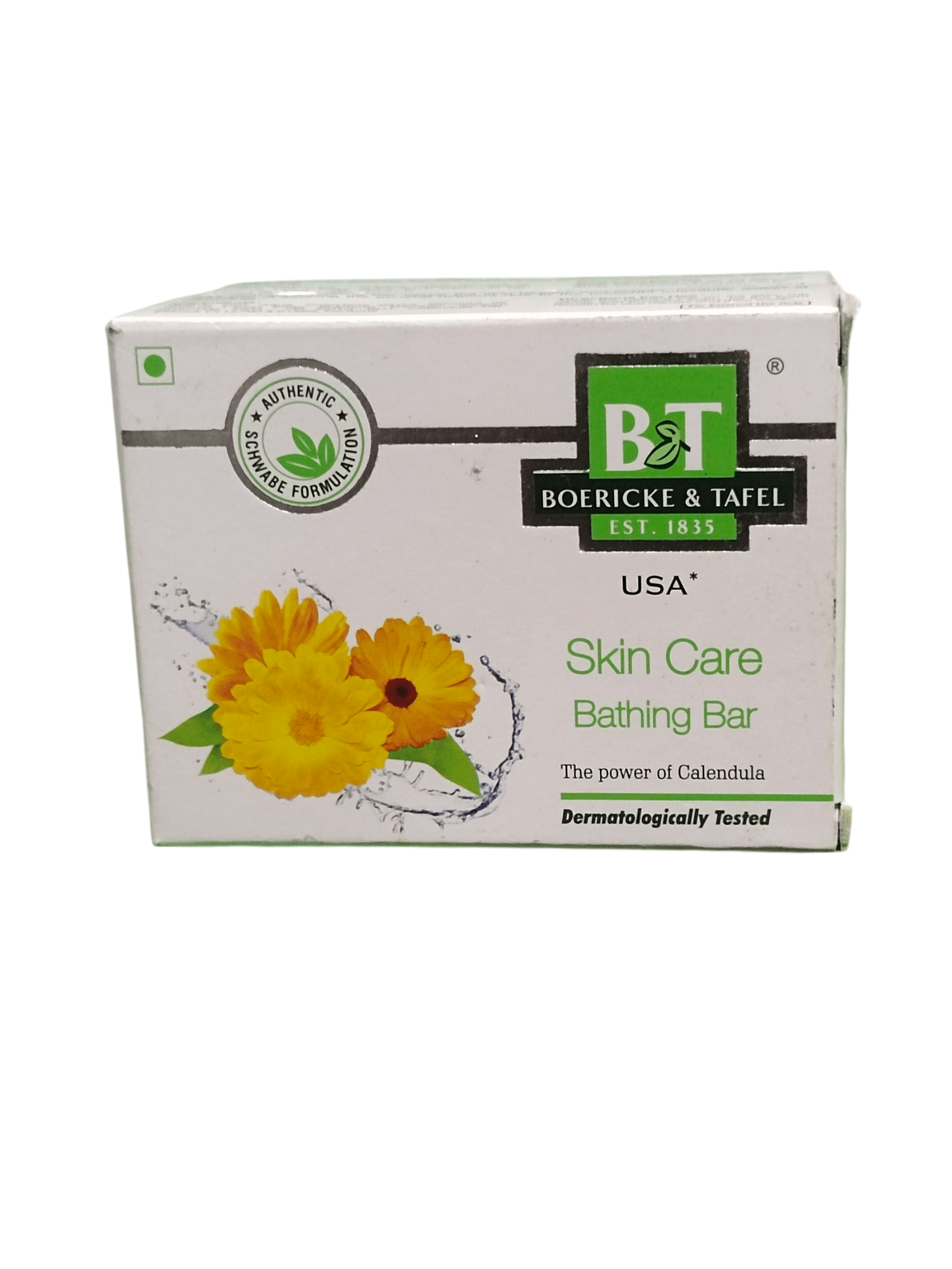B&T BOERICKE AND TAFEL SKIN CARE BATHING BAR SOAP 75GM HOMEOPATHIC MEDICINE (PACK OF 3) packaging with calendula flowers.