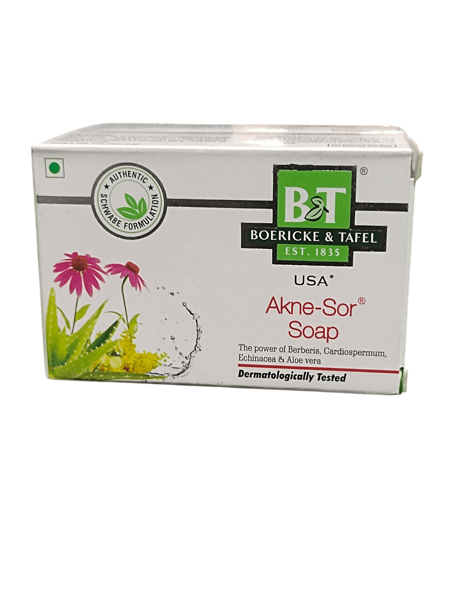 B&T BOERICKE & TAFEL AKNE SOR SOAP (PACK OF 3) HOMEOPATHIC MEDICINE in a box with natural ingredients.