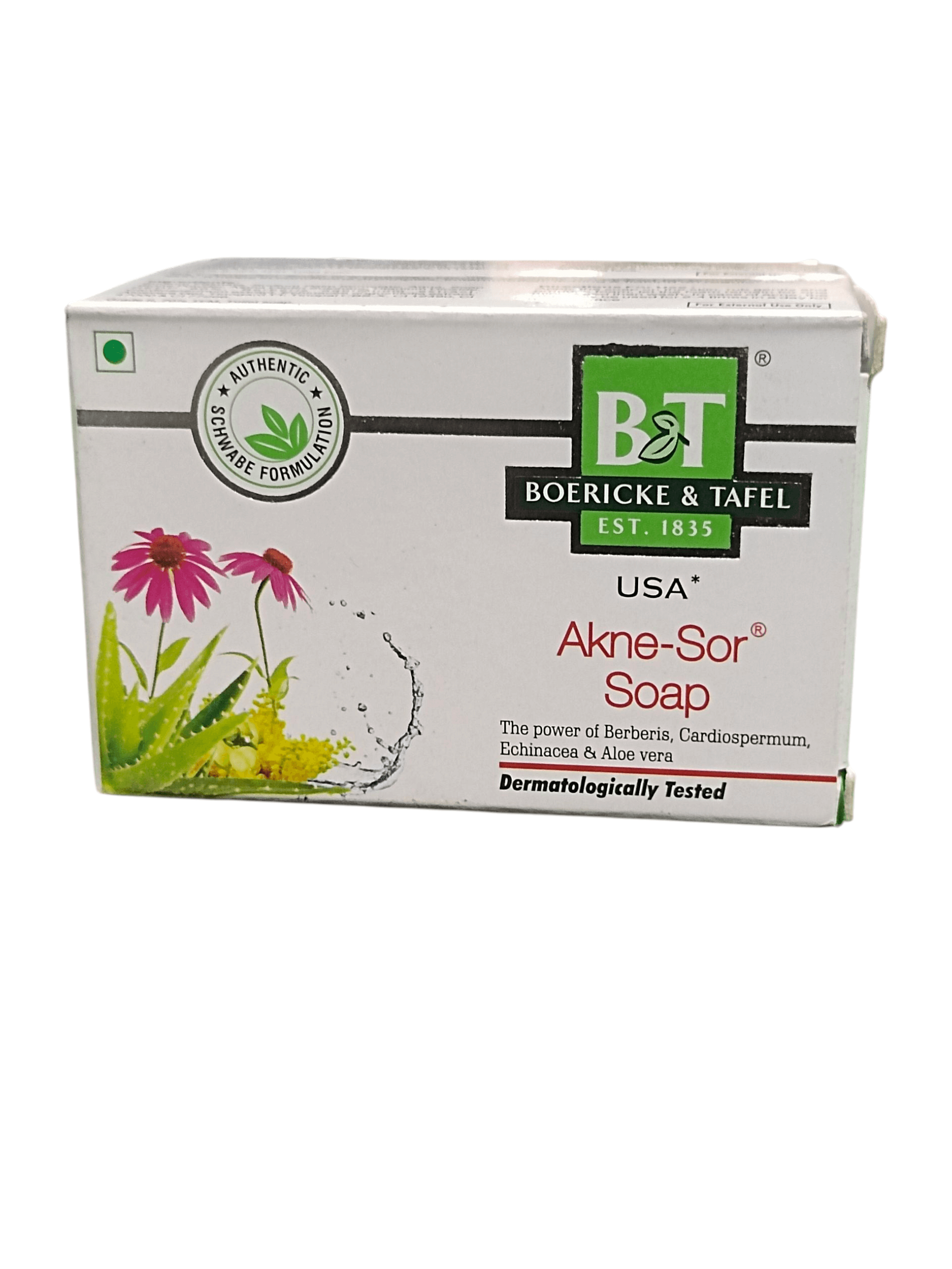 B&T BOERICKE & TAFEL AKNE SOR SOAP (PACK OF 3) HOMEOPATHIC MEDICINE in a box with natural ingredients.