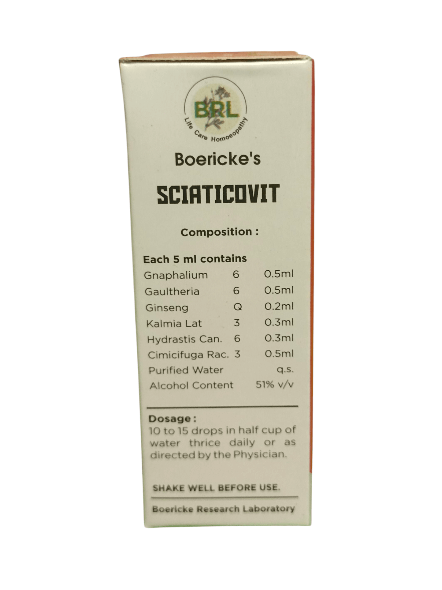 BRL SCIATICOVIT DROPS HOMEOPATHIC MEDICINE 30ML composition and dosage information on the packaging