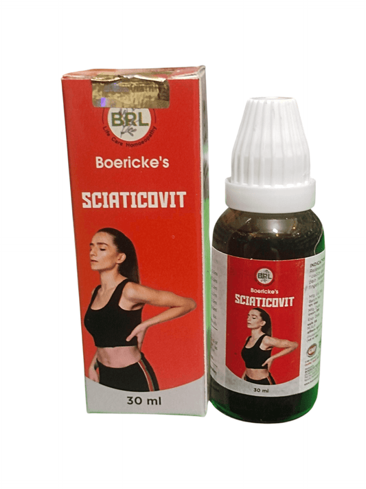 BRL SCIATICOVIT DROPS HOMEOPATHIC MEDICINE 30ML in a bottle with packaging, designed for sciatica pain relief.