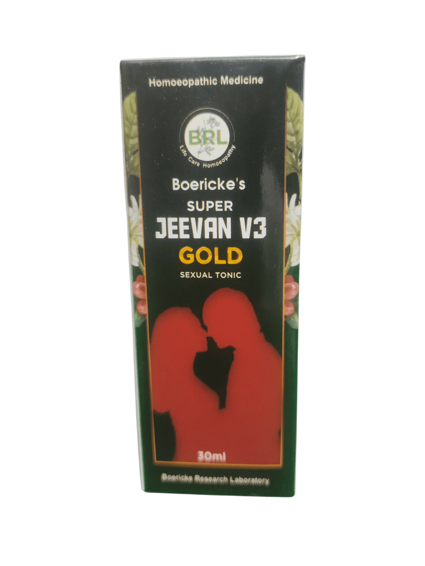 BRL SUPER JEEVAN V3 GOLD SEXUAL TONIC HOMEOPATHIC MEDICINE 30ML packaging with couple silhouette