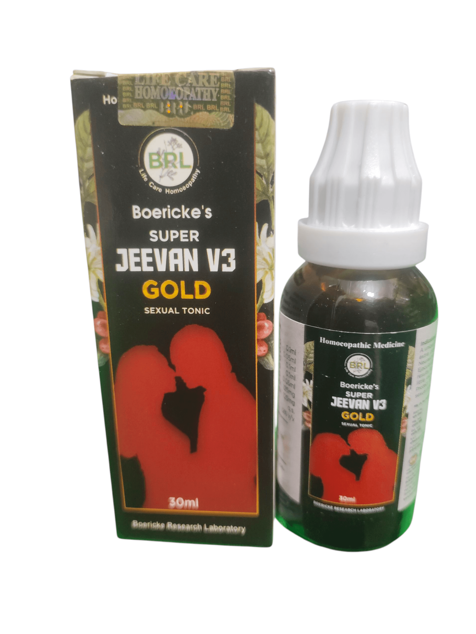 BRL SUPER JEEVAN V3 GOLD SEXUAL TONIC HOMEOPATHIC MEDICINE 30ML in a green bottle with a close-up packaging design.