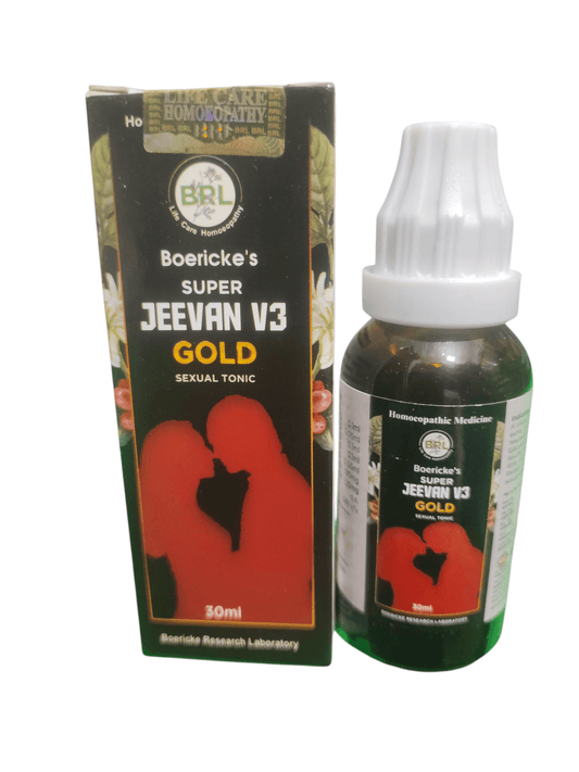 BRL SUPER JEEVAN V3 GOLD SEXUAL TONIC HOMEOPATHIC MEDICINE 30ML in a green bottle with a close-up packaging design.