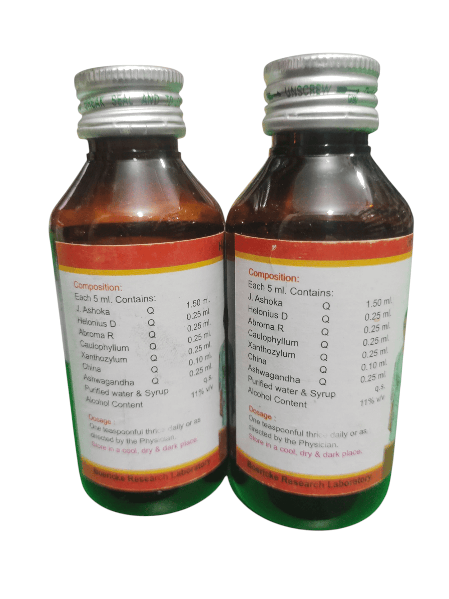 BRL FEMAVIT LADIES HEALTH TONIC HOMEOPATHIC MEDICINE 100ML. (PACK OF 2) bottles showing ingredients and composition.