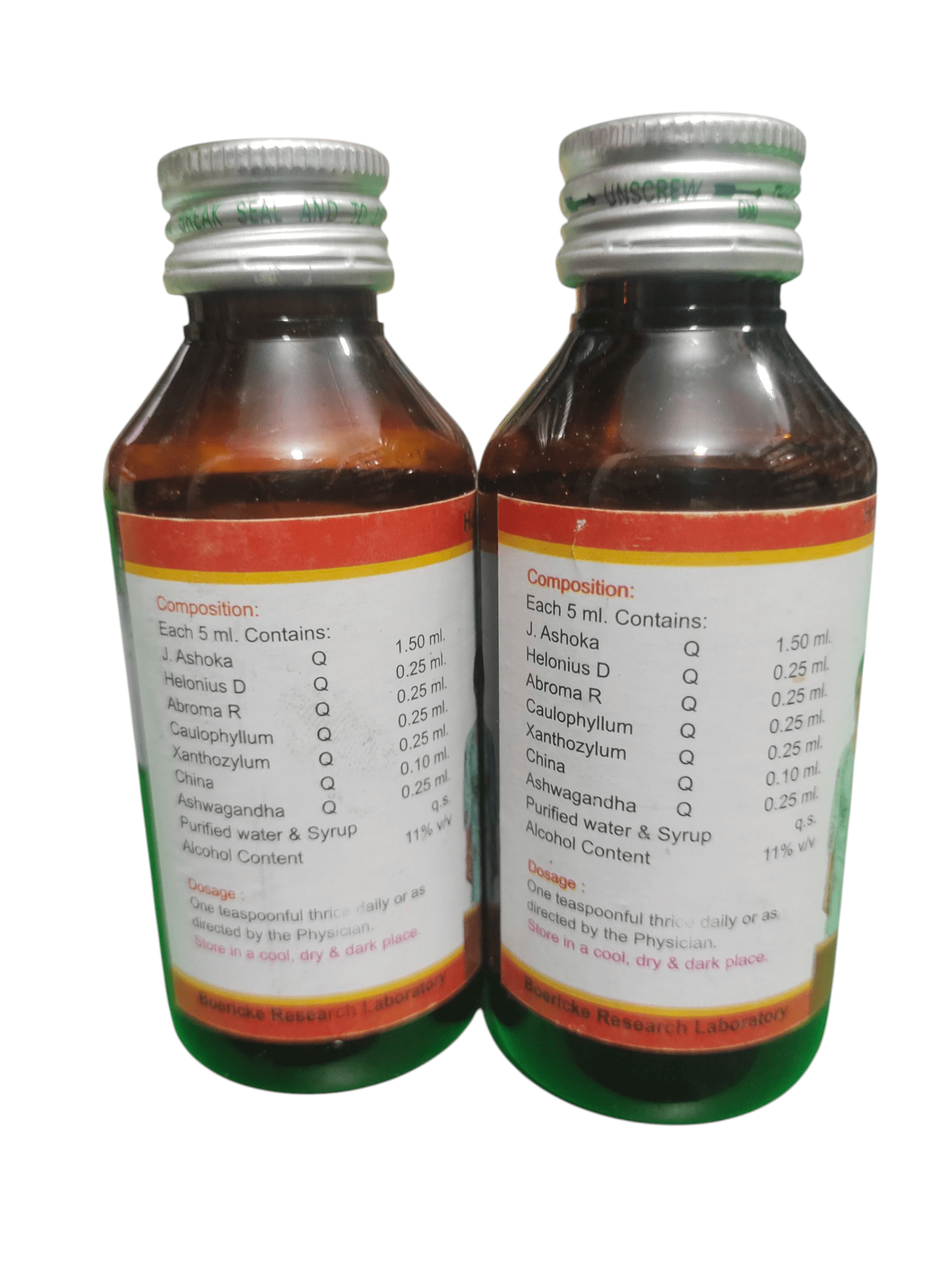 BRL FEMAVIT LADIES HEALTH TONIC HOMEOPATHIC MEDICINE 100ML. (PACK OF 2) bottles showing ingredients and composition.