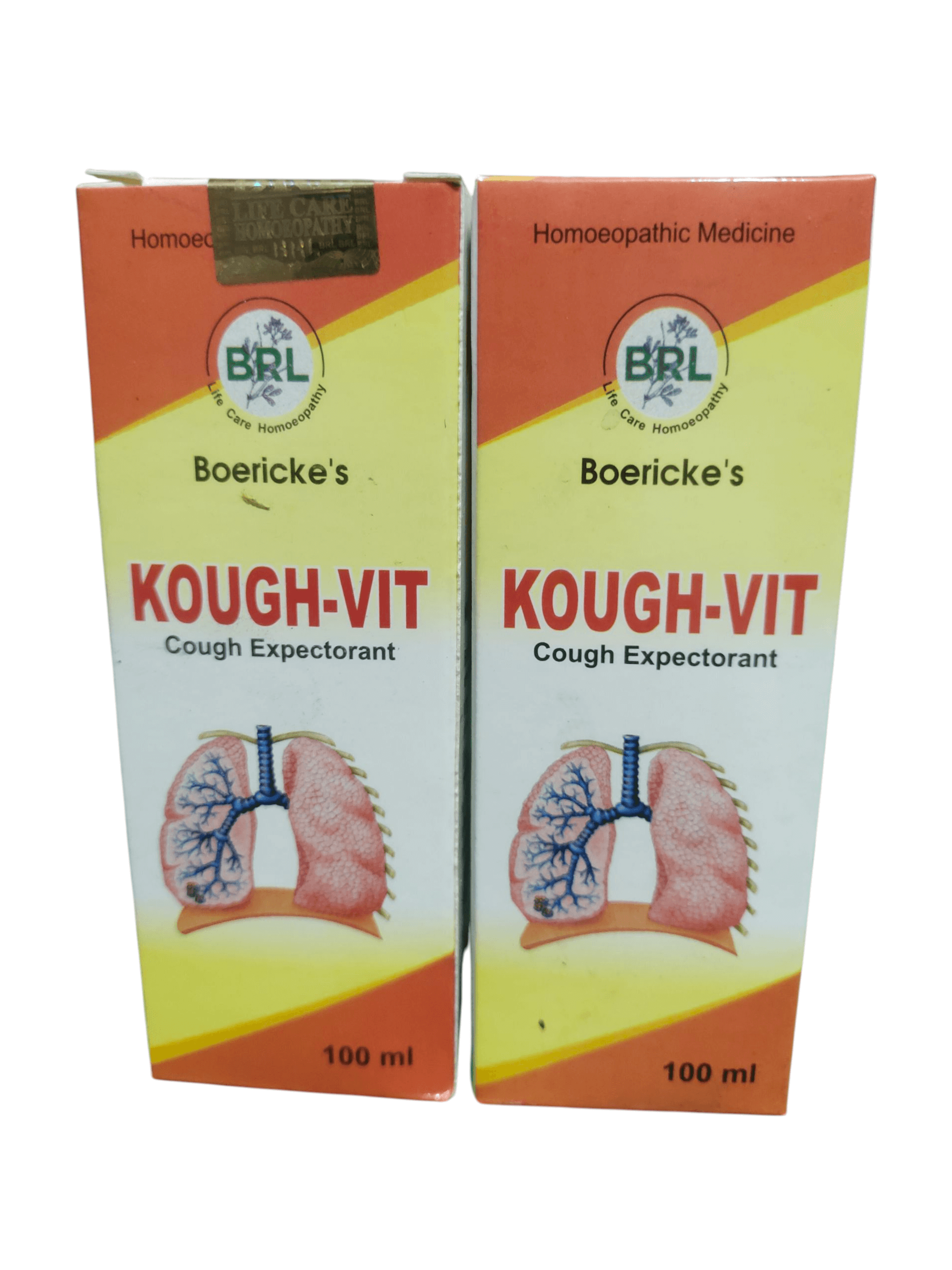 BRL KOUGH-VIT SYRUP COUGH EXPECTORANT HOMEOPATHIC MEDICINE 100ML. (PACK OF 2) bottles with lung illustration.