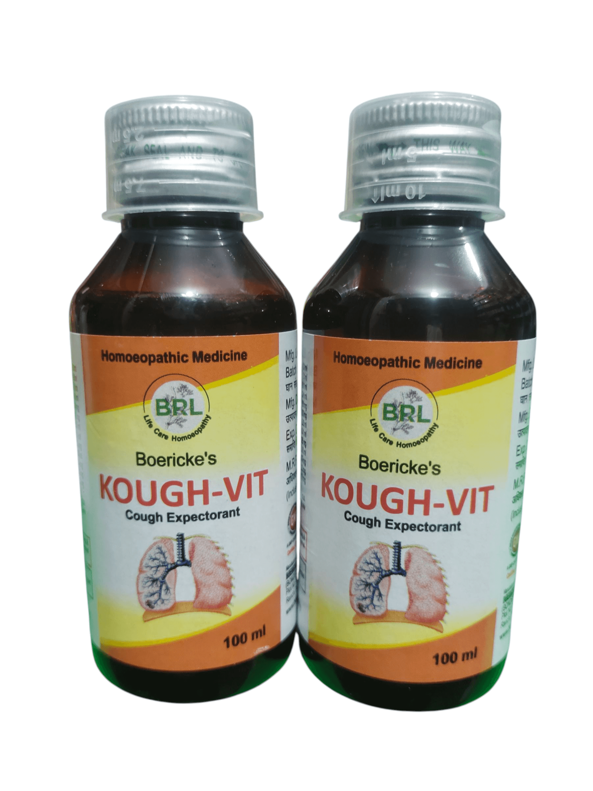 BRL KOUGH-VIT SYRUP COUGH EXPECTORANT HOMEOPATHIC MEDICINE 100ML. (PACK OF 2) bottles displayed together.