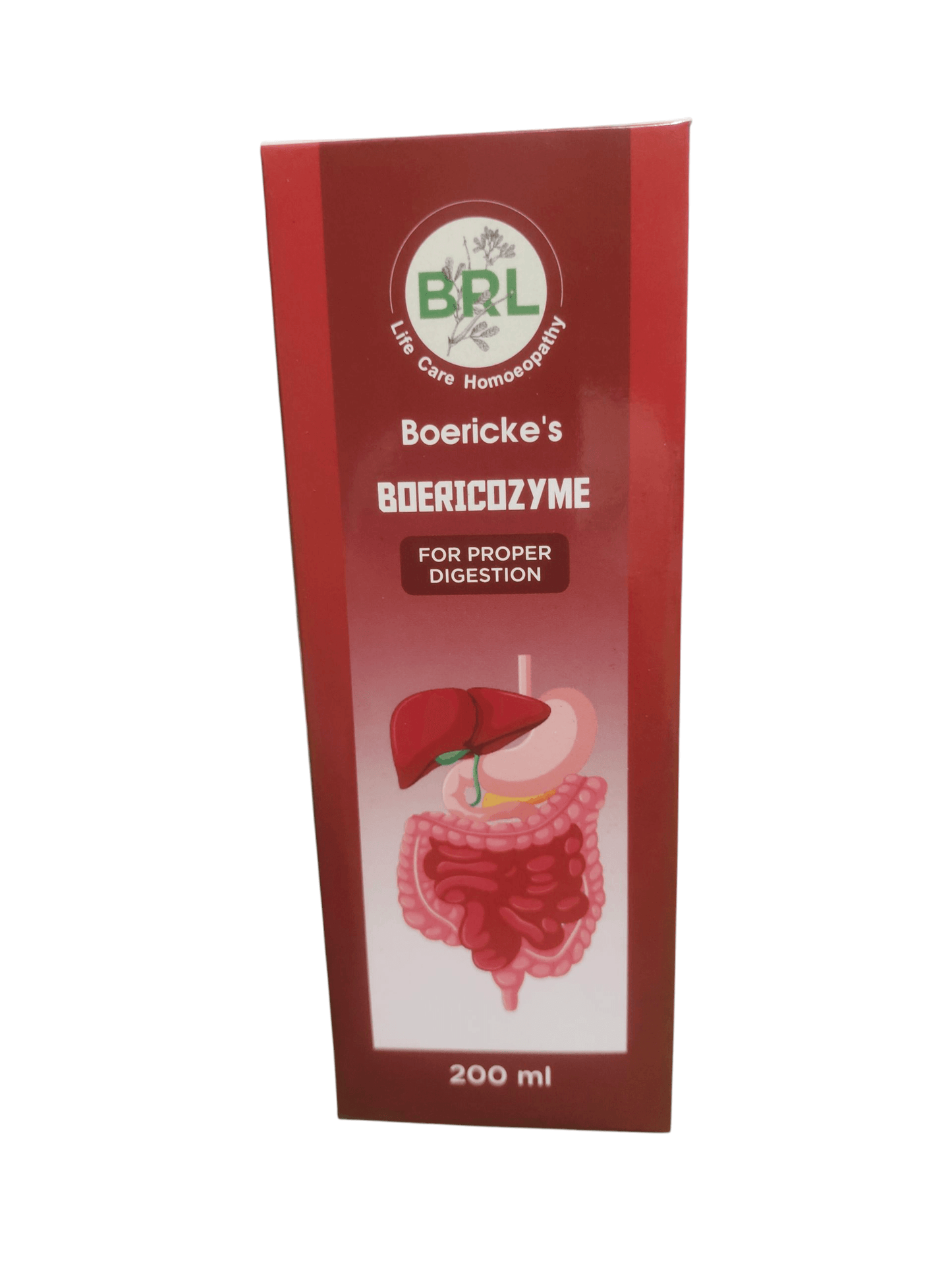 BRL BOERICOZYME SYRUP FOR PROPER DIGETION HOMEOPATHIC MEDICINE 200ML bottle with digestive system illustration.