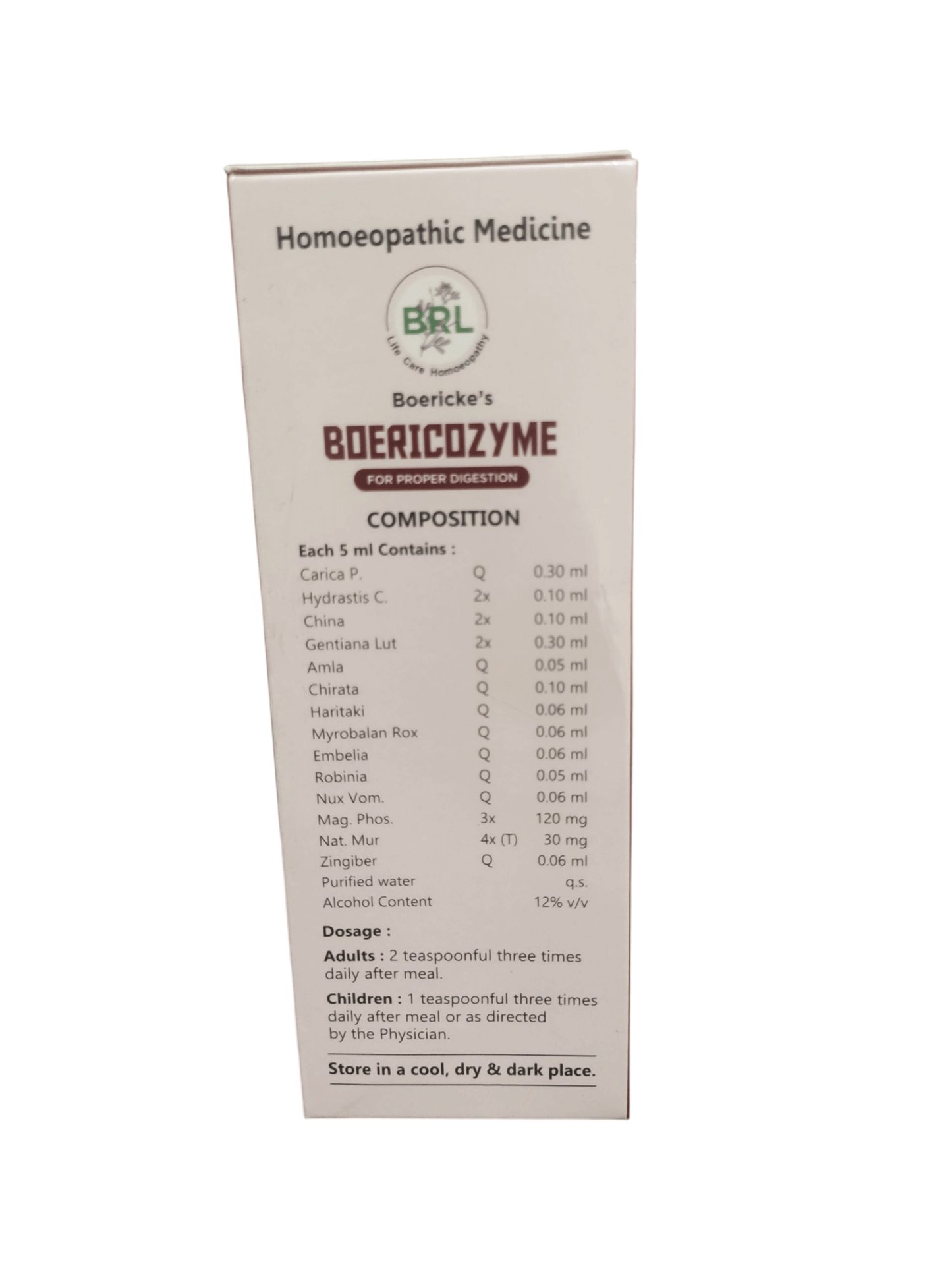 BRL BOERICOZYME SYRUP FOR PROPER DIGETION HOMEOPATHIC MEDICINE 200ML product ingredients and composition details.