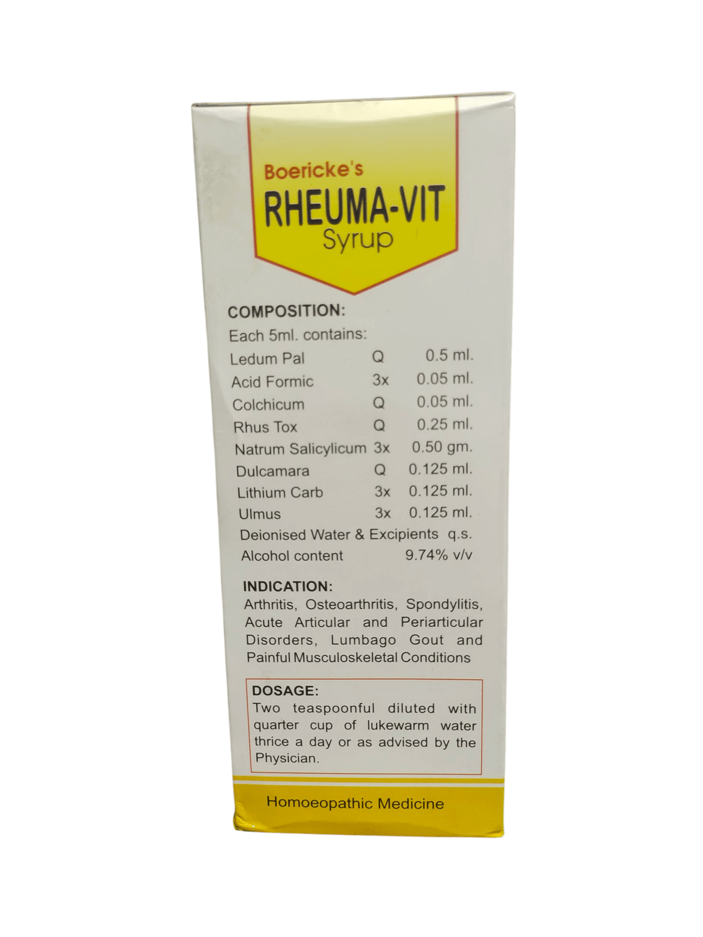 BRL RHEUMA-VIT SYRUP HOMEOPATHIC MEDICINE 450ML composition and dosage information with ingredients listed.
