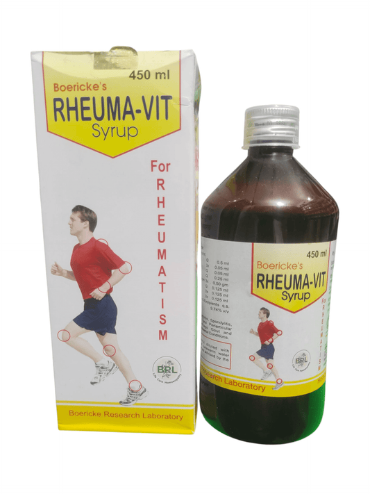 BRL RHEUMA-VIT SYRUP HOMEOPATHIC MEDICINE 450ML bottle and packaging for joint relief.