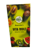 BRL VITA MOLT HEALTH TONIC HOMEOPATHIC MEDICINE 450gm packaging with fruits background, supports energy and rejuvenation.