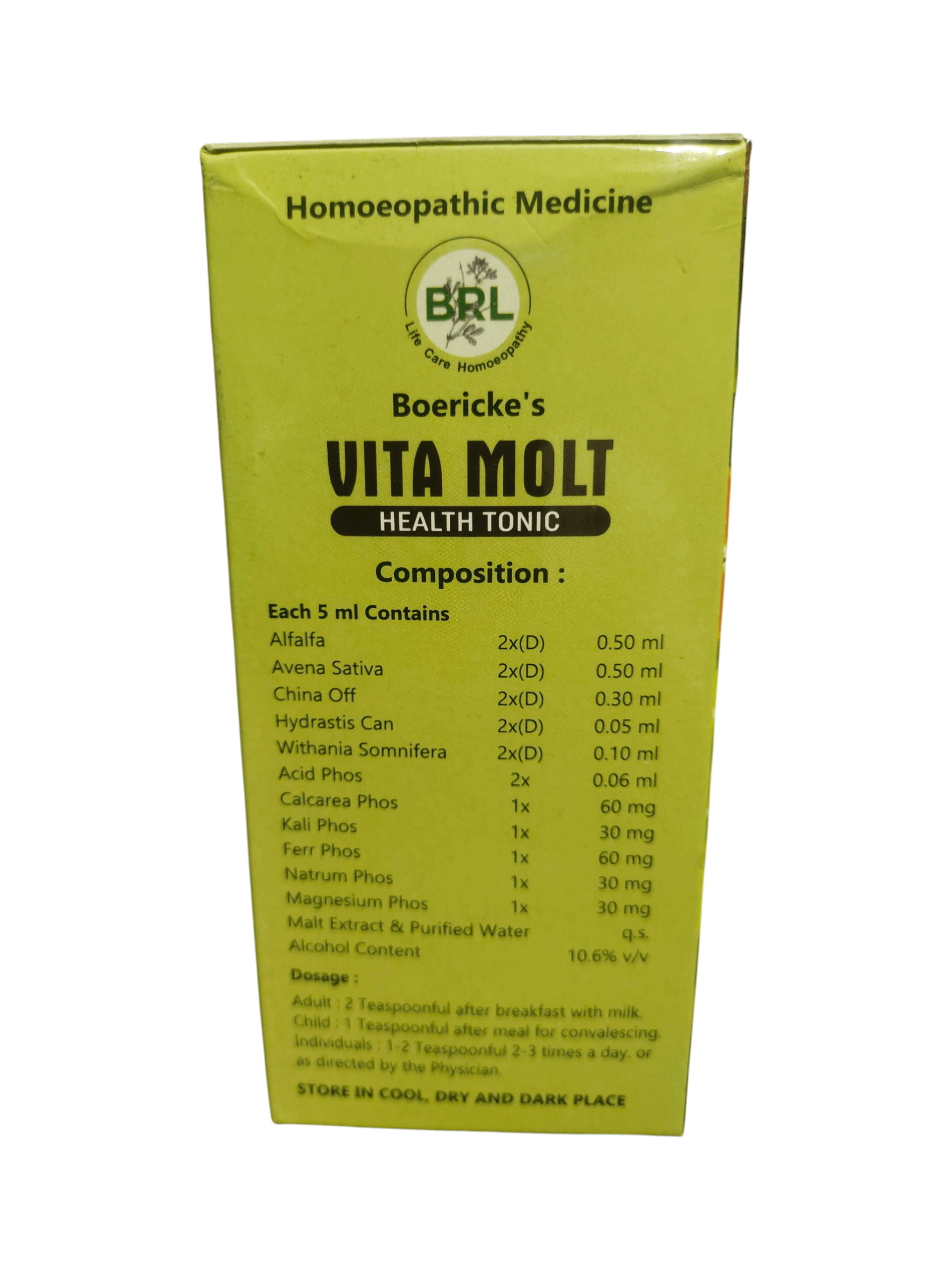 BRL VITA MOLT HEALTH TONIC HOMEOPATHIC MEDICINE 450gm box showing ingredients and usage instructions.