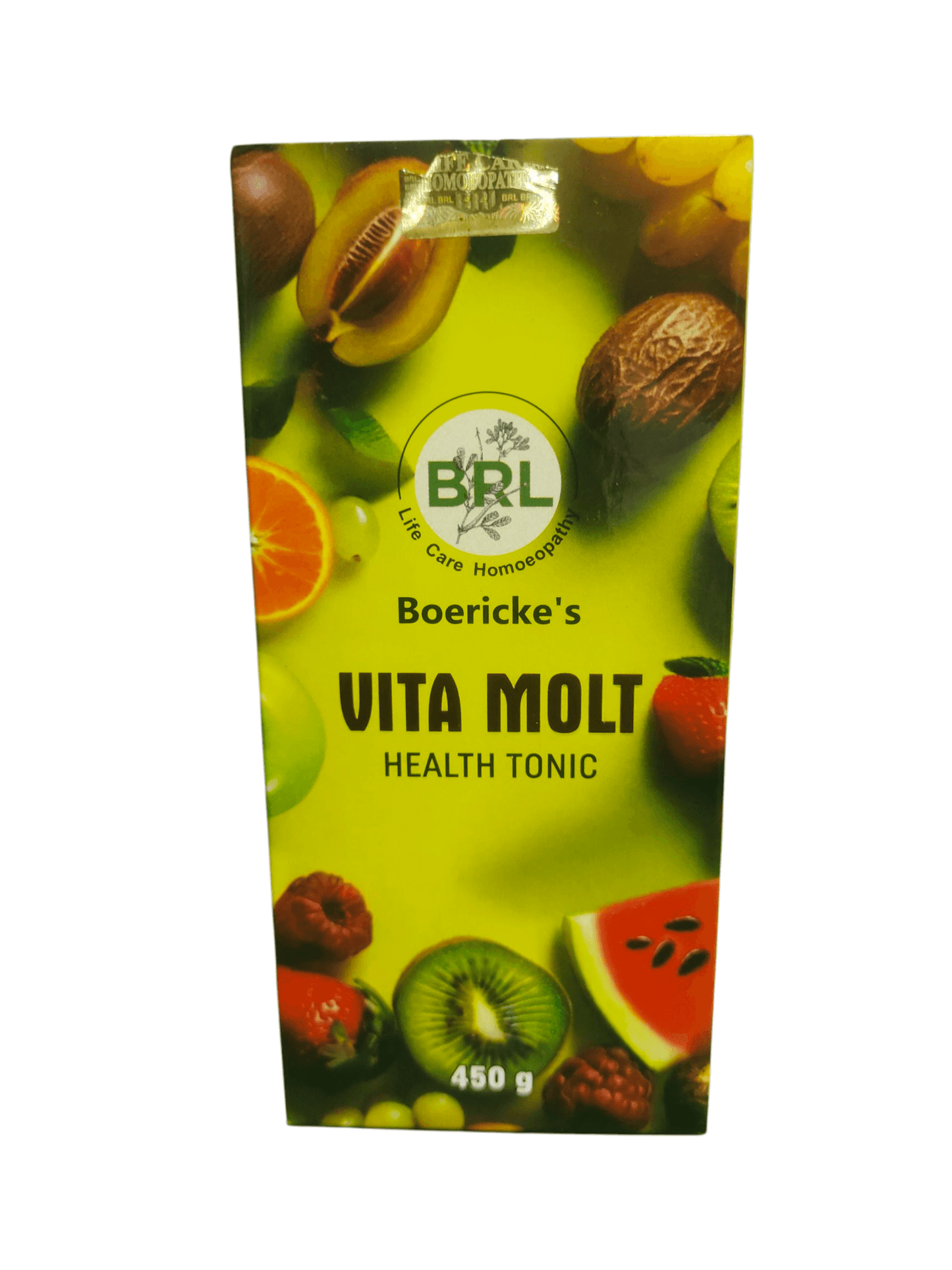 BRL VITA MOLT HEALTH TONIC HOMEOPATHIC MEDICINE 450gm packaging with fruits and health benefits.