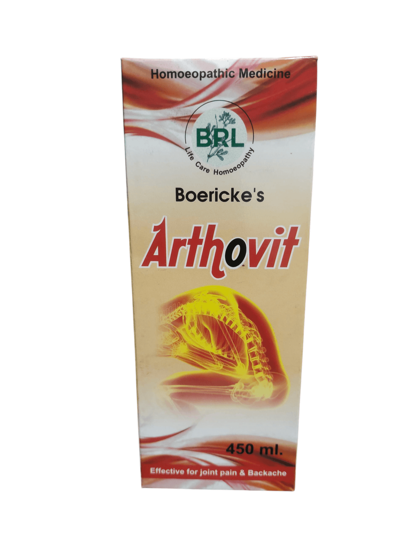 BRL ARTHOVIT SYRUP HOMEOPATHIC MEDICINE 450ML packaging showing effectiveness for joint pain.