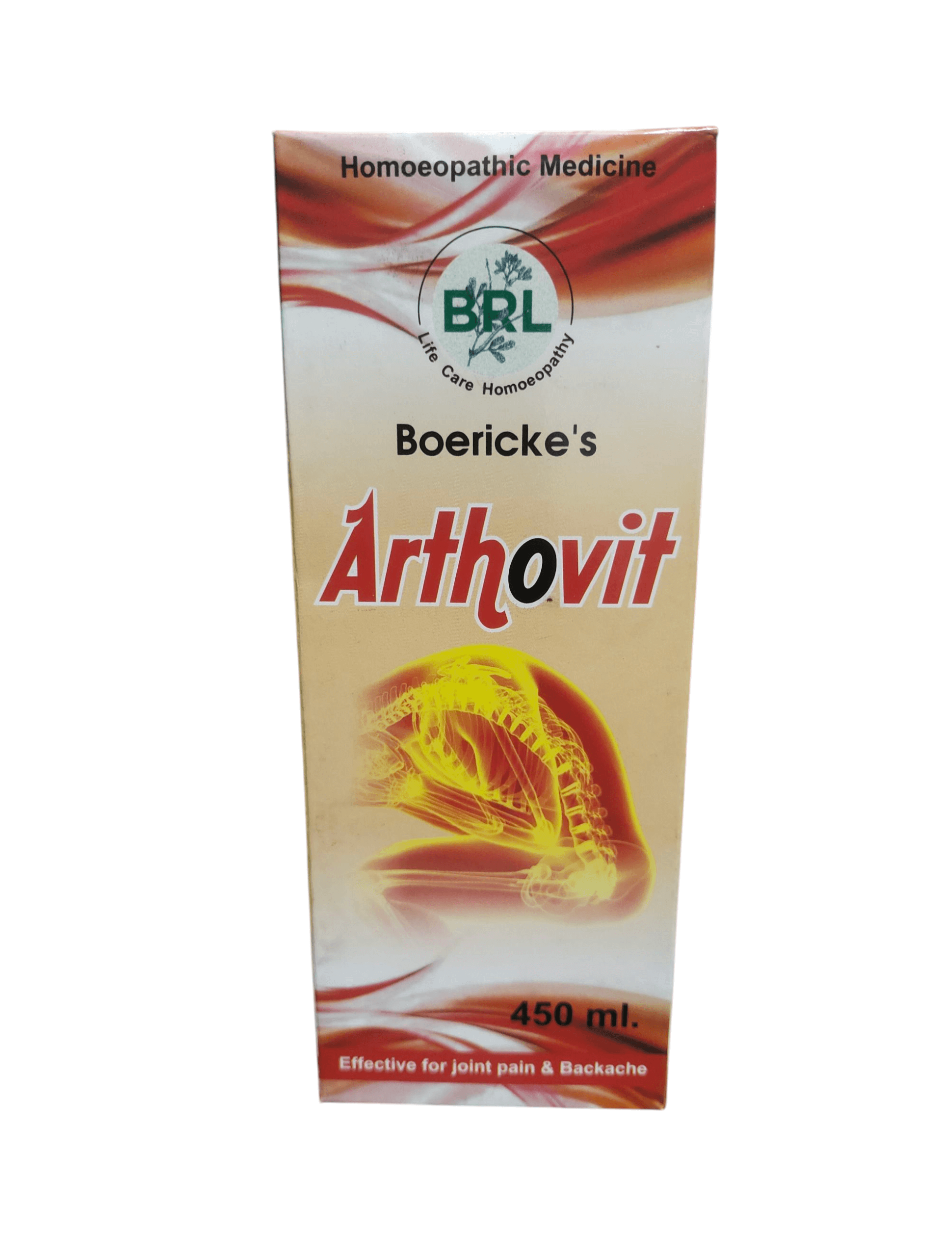 BRL ARTHOVIT SYRUP HOMEOPATHIC MEDICINE 450ML packaging showing effectiveness for joint pain.
