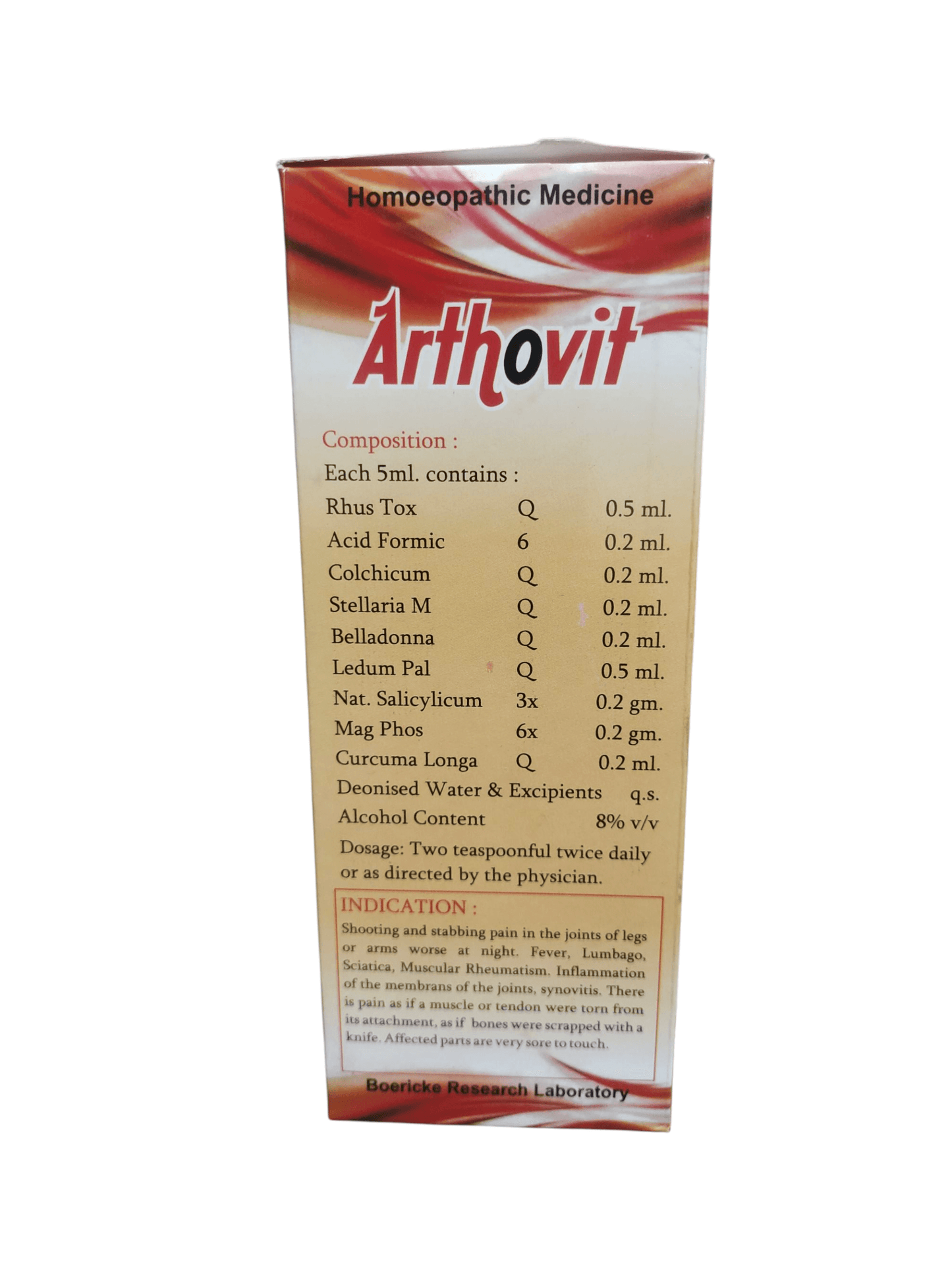 BRL ARTHOVIT SYRUP HOMEOPATHIC MEDICINE 450ML box showing its ingredients and dosage information.