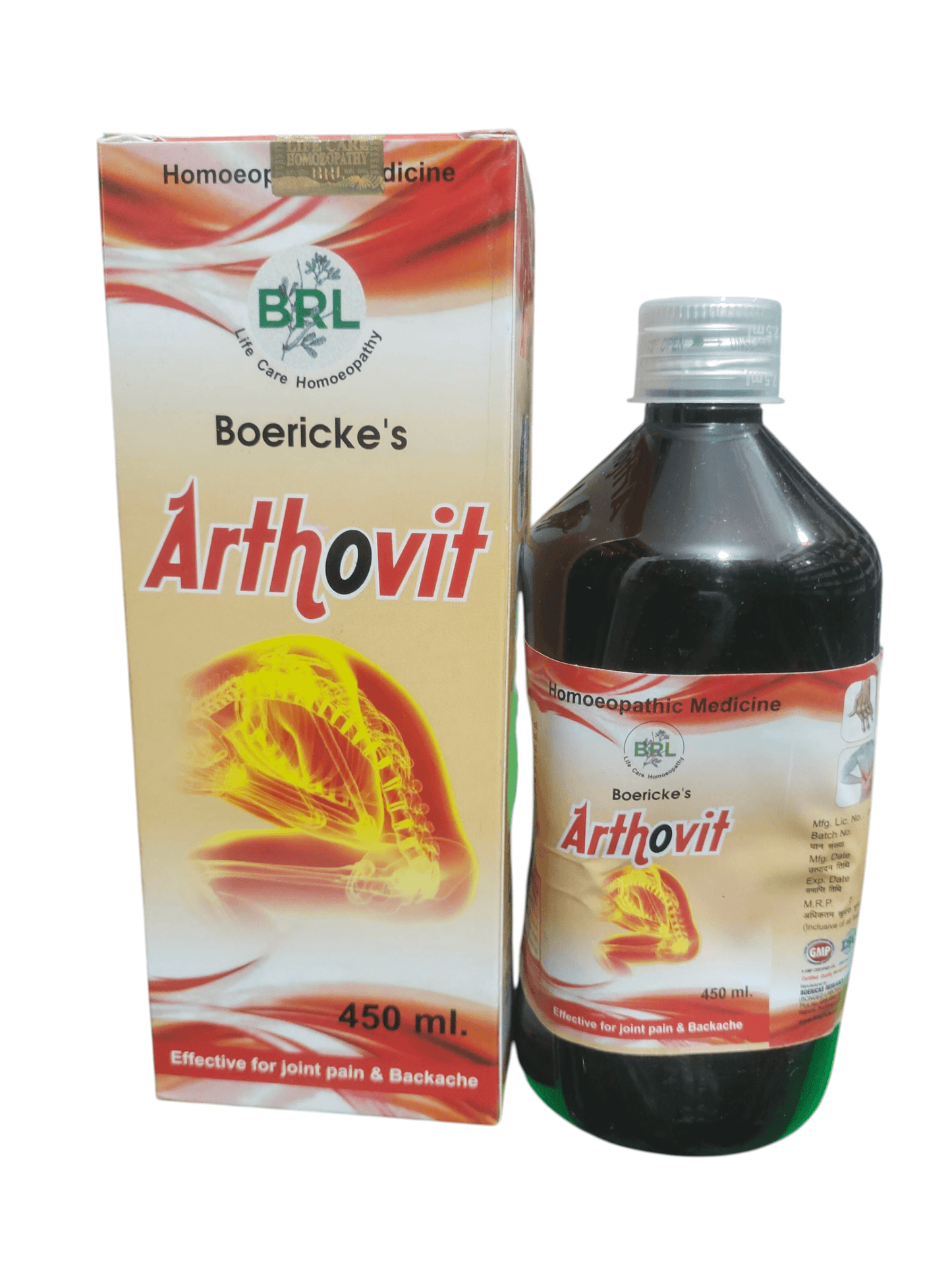 BRL ARTHOVIT SYRUP HOMEOPATHIC MEDICINE 450ML bottle and packaging for joint pain relief.