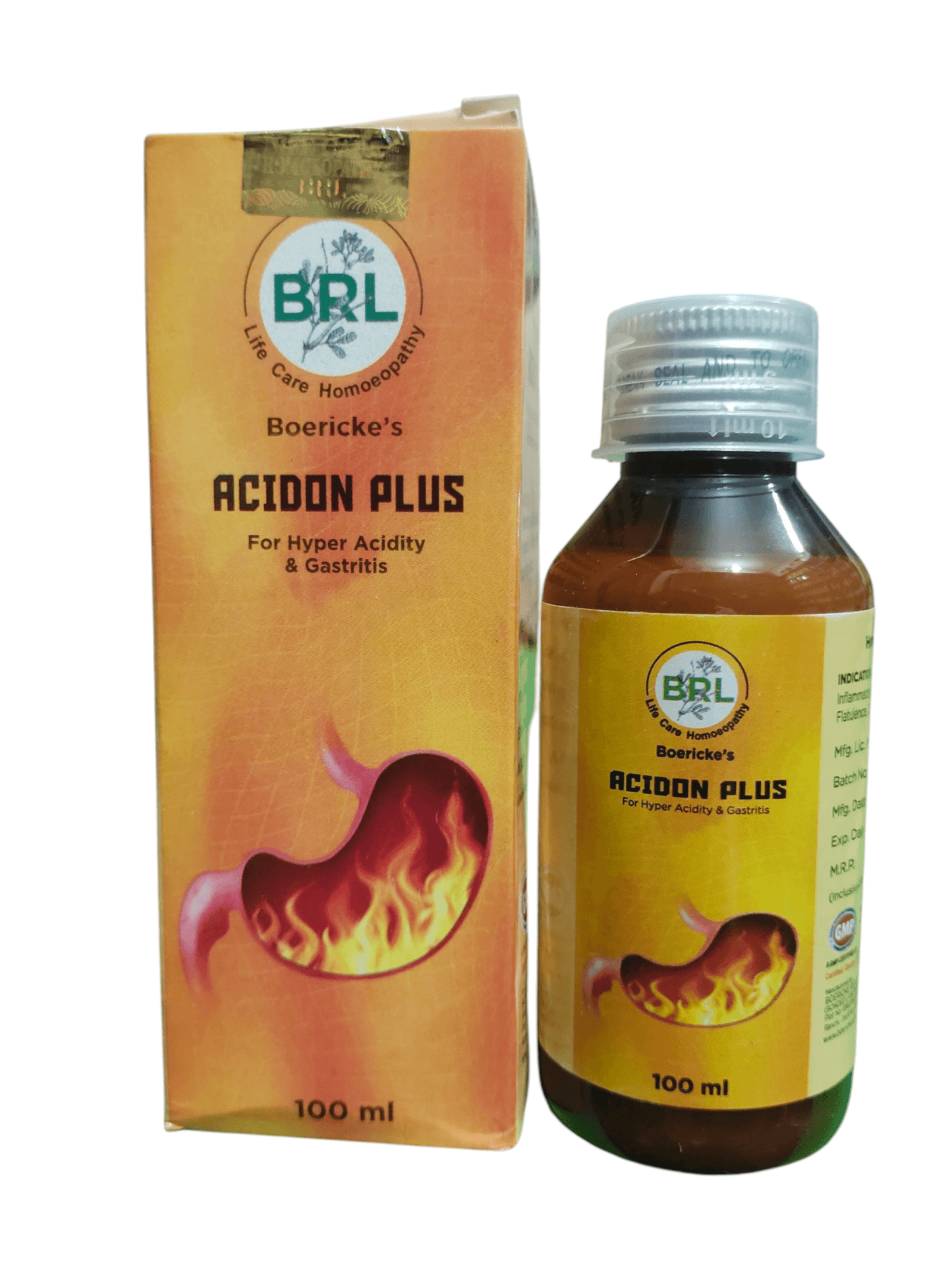 BRL ACIDON PLUS SYRUP FOR HYPER ACIDITY & GASTRITIS HOMEOPATHIC MEDICINE 100ML. (PACK OF 2) with packaging.