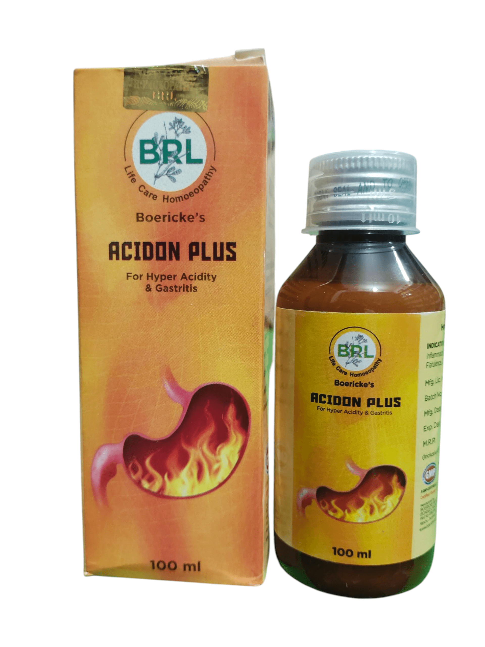 BRL ACIDON PLUS SYRUP FOR HYPER ACIDITY & GASTRITIS HOMEOPATHIC MEDICINE 100ML. (PACK OF 2) with packaging.