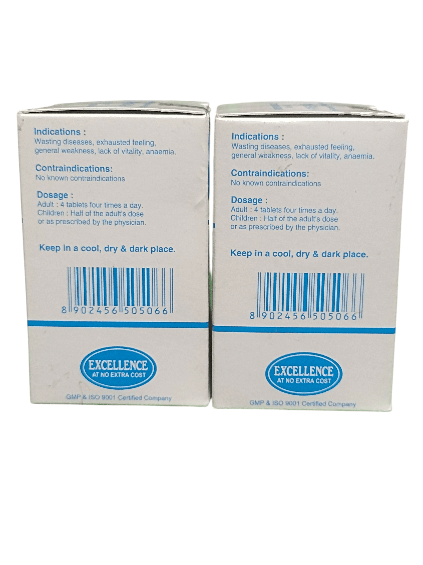 Two boxes of 'Excellence' with text and barcodes on a white background