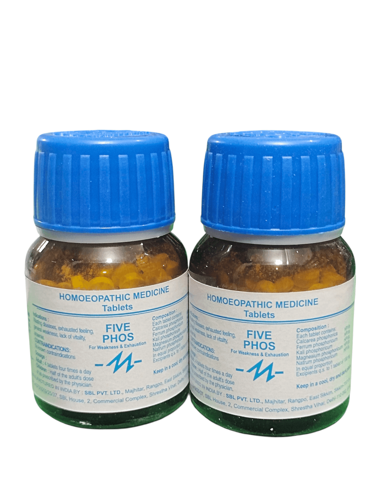 Two bottles of Five Phos homeopathic medicine tablets with blue lids on a white background.