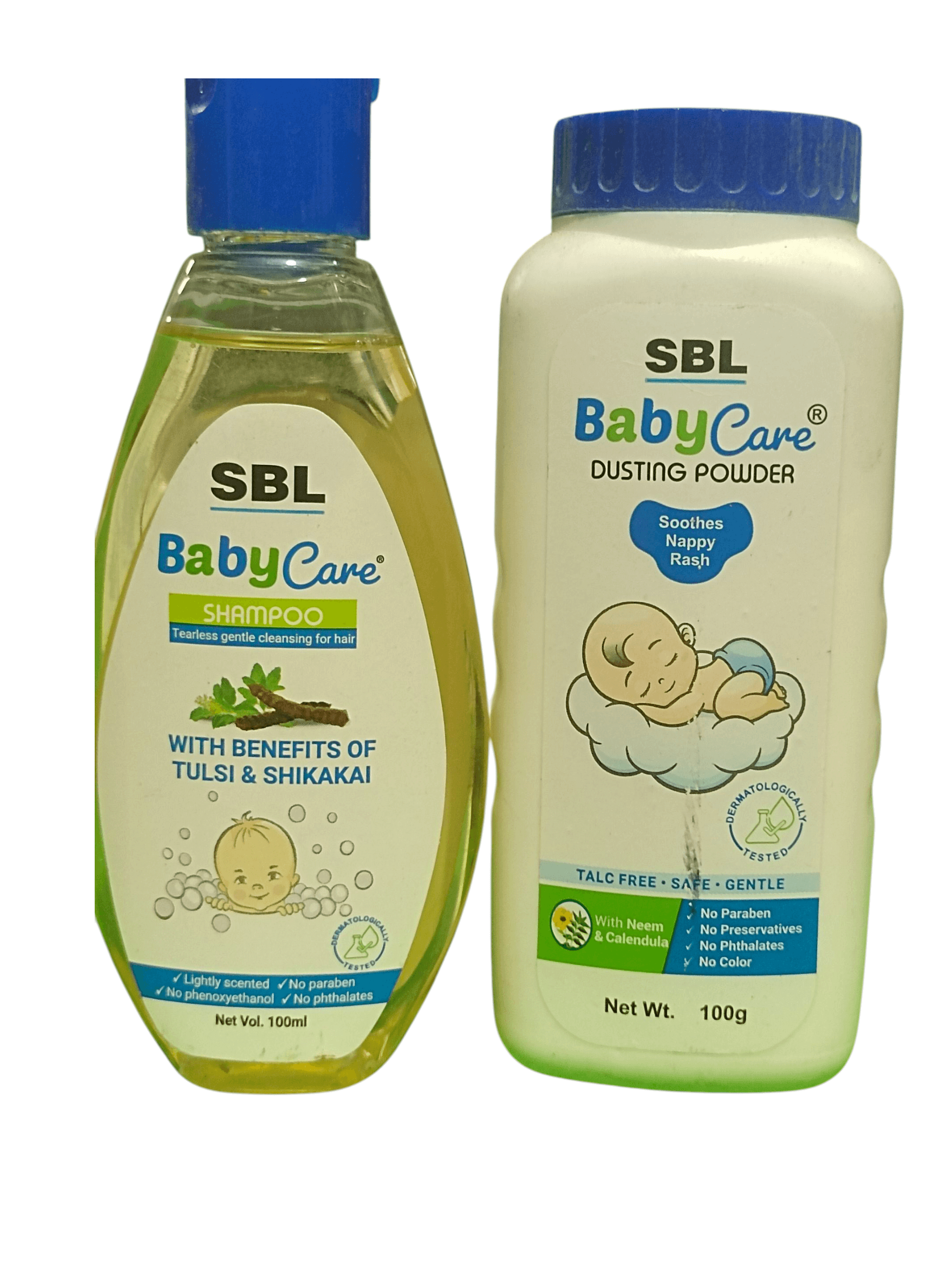 SBL BabyCare shampoo and dusting powder bottles on a white background