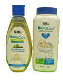 SBL BabyCare shampoo and dusting powder bottles on a white background
