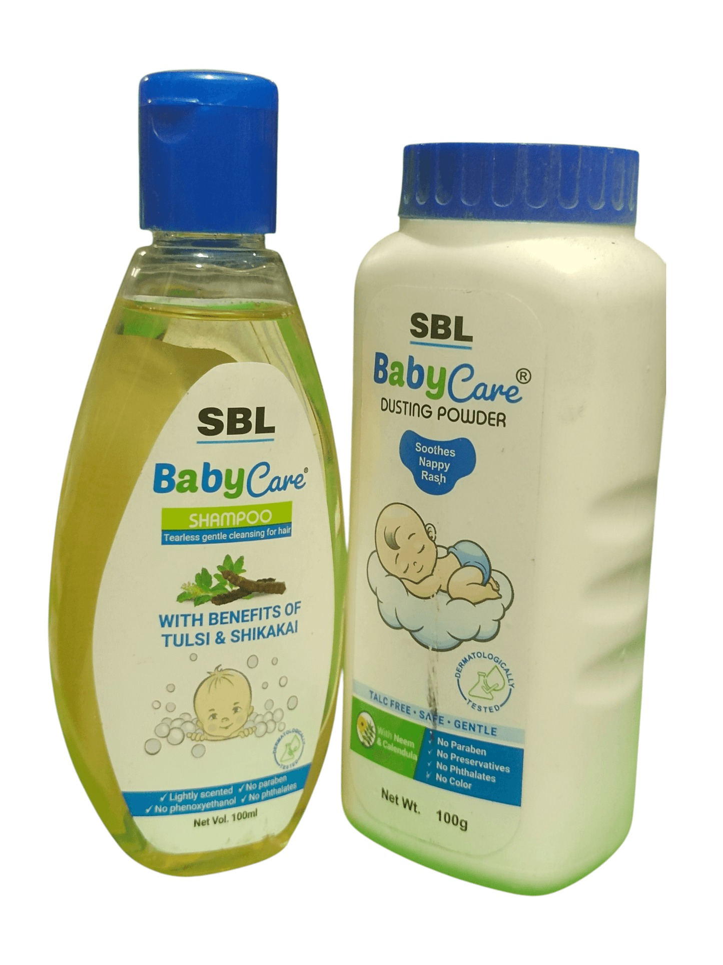 SBL BabyCare shampoo and dusting powder bottles on a white background