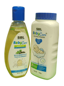 SBL BabyCare shampoo and dusting powder bottles on a white background