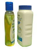Two baby care products, a bottle and a powder container, on a white background.
